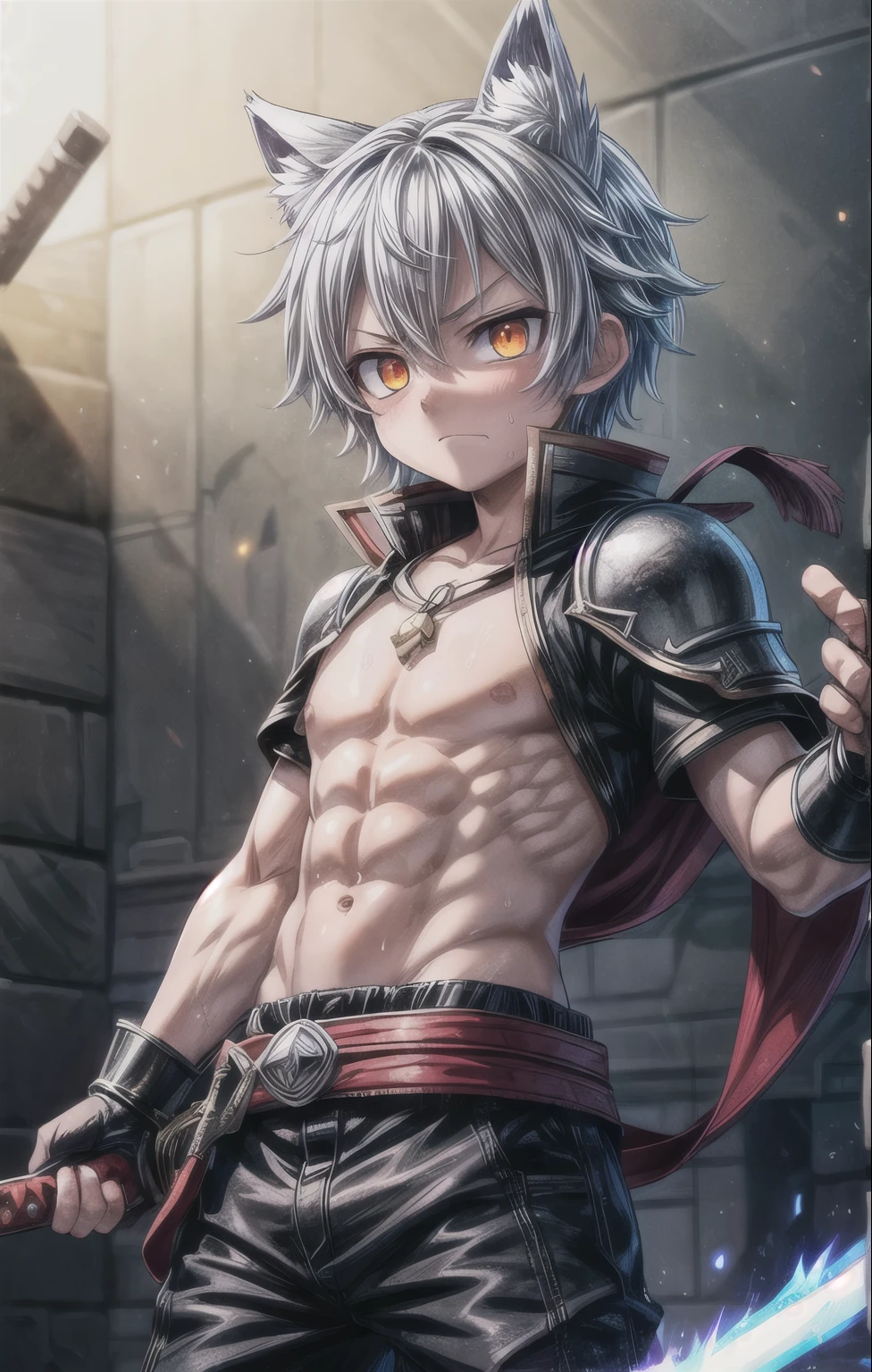 young boy, cat ear, moans, blushing, sword, longsword, swordman, light bouncing of sword, destruction background, flares, flame arc, flame splashes, leather armor, leather straps, dust particles, long silver hair, crimson eyes, (chiseled abs, chiseled pecs, sweating)