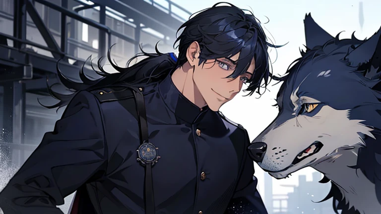 masterpiece, highest quality, one person,There&#39;There&#39;there&#39;s no one behind me, male,Navy Blue Hair, Low Ponytail,Black and navy blue pilot suit,expensive,,Carrying wolves,He has a navy blue coat draped over his shoulders,,dark blue eyes,Calm,smile,With the wolf,dawn
