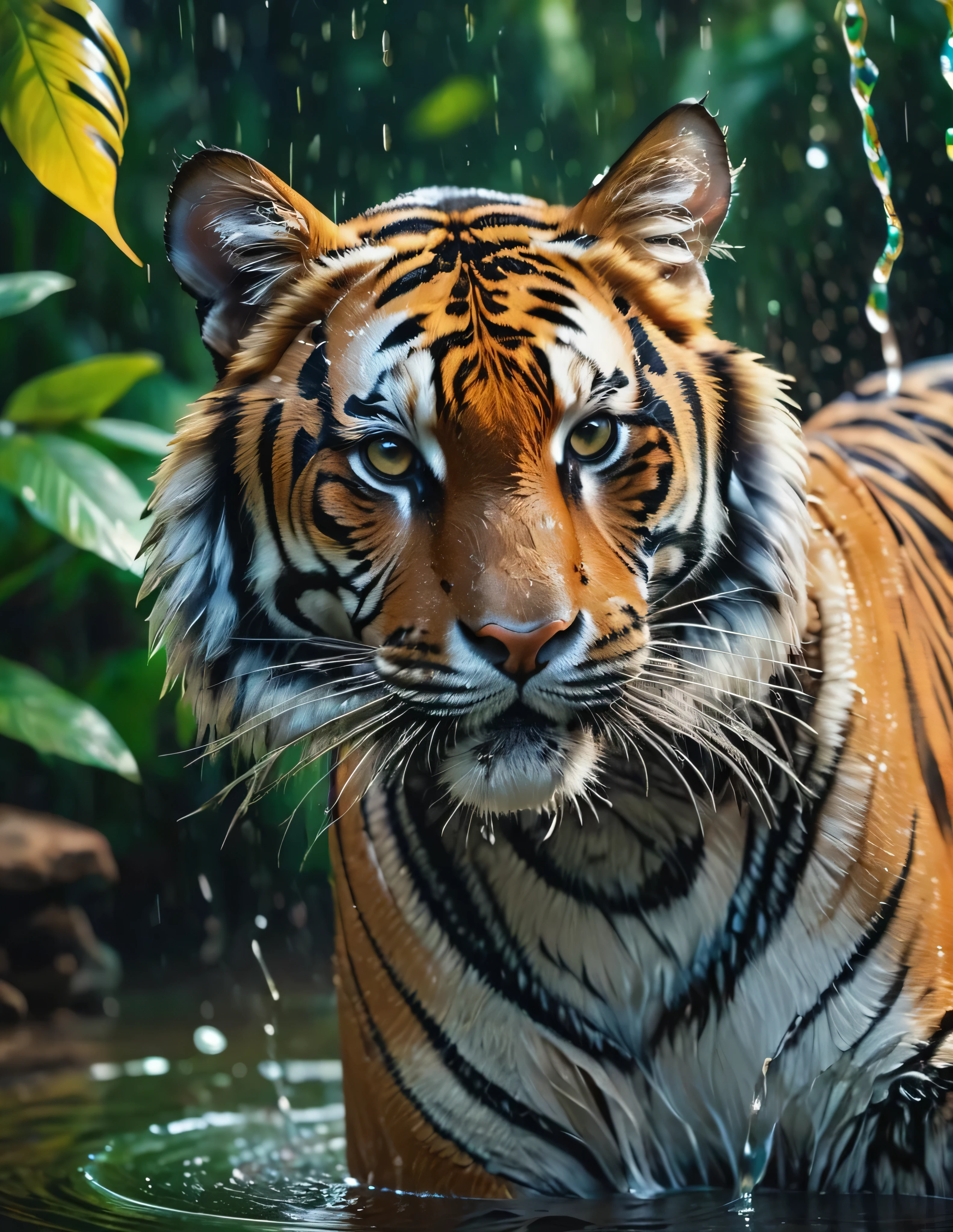 #quality(8k wallpaper of extremely detailed CG unit, ​masterpiece, hight resolution, top-quality, top-quality real texture skin,hyper realisitic, digitial painting,increase the resolution,RAW photos，best qualtiy,highly detailed,the wallpaper),BREAK,#tiger head(full body,bathe,beautiful black ,shiny feathers,head close up shot,feather repelling water),#background(,in beautiful forest,dappled sunlight,raining),(head close up shot:2.0)
