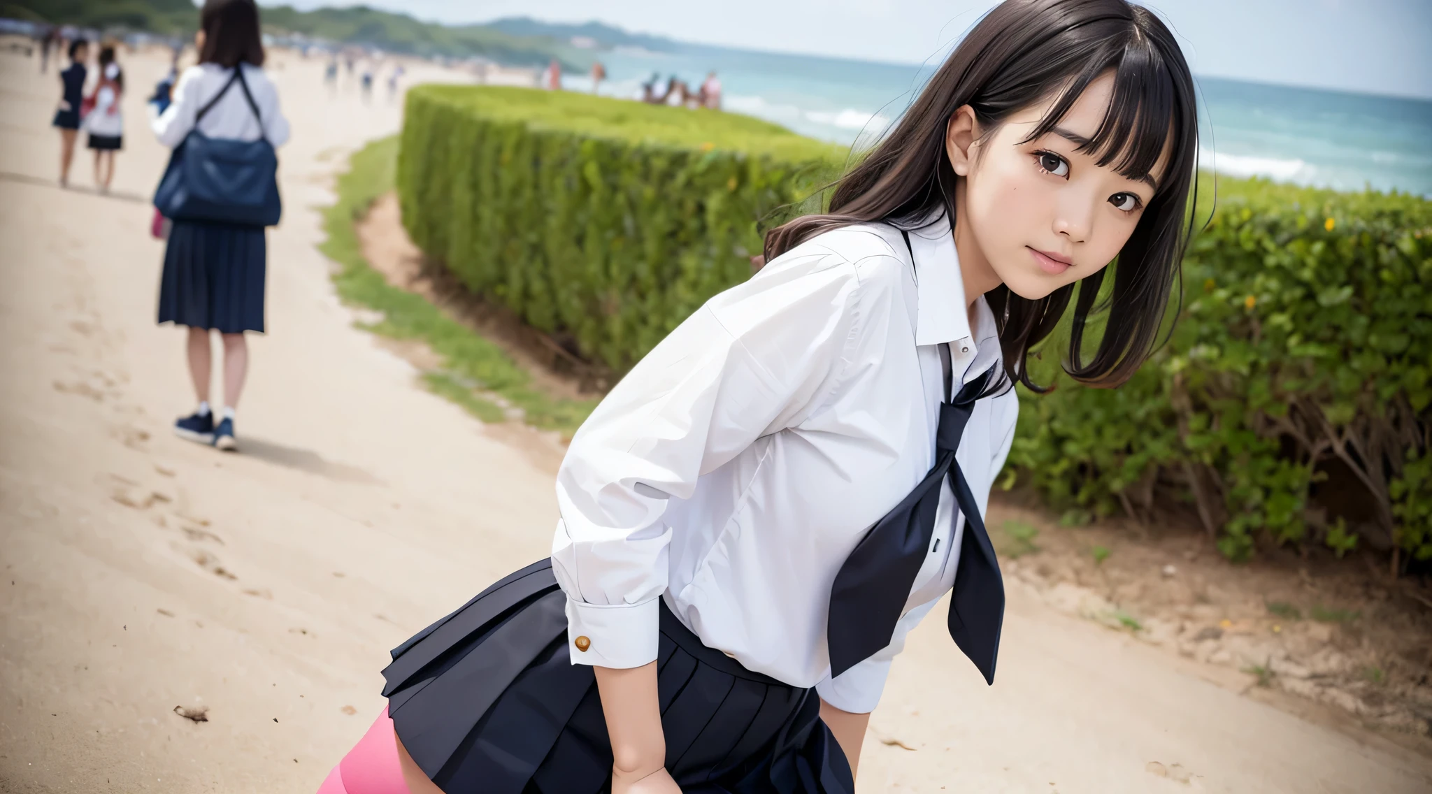 Japanese high school girl wearing a white blouse, Black pleated skirt, The look of temptation、Side Up、curly hair、standing on the beach、Watching the audience、Knee-high socks、loafers