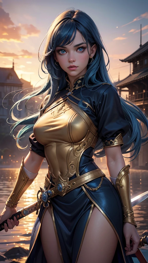 (best quality,4k,8k,highres,masterpiece:1.2),ultra-detailed,(realistic,photorealistic,photo-realistic:1.37),knitted clothes,1_solo girl,blue hair,gold eyes,swordman,beautiful detailed eyes,beautiful detailed lips,long eyelashes,brave expression,standing tall,powerful pose,sparkling sword,gorgeous sunset background,vibrant colors,dramatic lighting