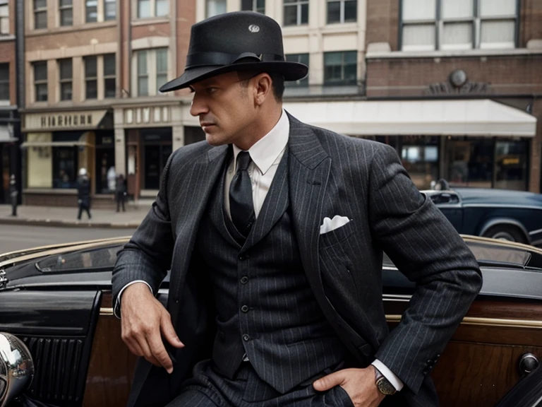 man in full profile in three-piece striped suit with a hat, picture of prohibition ganster, an era of the 1920s, in the background an automobile of the same era.  