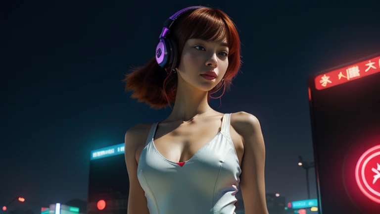 ((highest quality)), ((masterpiece)), ((Realistic)),High Contrast, 19 years old, Redhead girl, Shoulder-length hair,Headphones,(Red Neon),(cyber punkの背景), リラックスした幸せなface,((非常にdetailedな目)),Very detailed glowing eyes, ((thin)) ,Rubber bodysuit, ( White one piece swimsuit ) ((sexy )) ,Slender figure,textured pixie haircut (((detailedなキャラクターシート, Front view, ~ side面図, 3/4 Views))) (((cyber punkの背景))) Six and a half whole bodies,4K,UltraSharp,Multiple Views of the same character,Charterner v2, One girl, Slender figure, (Headphones),Brown Hair, Long Hair, Orange eyes, Same clothes, Concept Art, detailed_face, line_sketch, plan, Official Art, Official Alternative Costumes, Design style, multi style, detailed character, 4_~ side, original, 8K GC, massive detailed, Multiple Views of the same character, character, technical illustration, Multiple Views,masterpiece,highest quality(masterpiece, highest quality), 32k,(非常にdetailedな美しい女性), Future Anime,The ultimate map,highlight,Headphones,Very detailed glowing eyes,Cleavage,Complex patterns,Stylish hairstyle,fluorescence((White clothes)),cyber punk