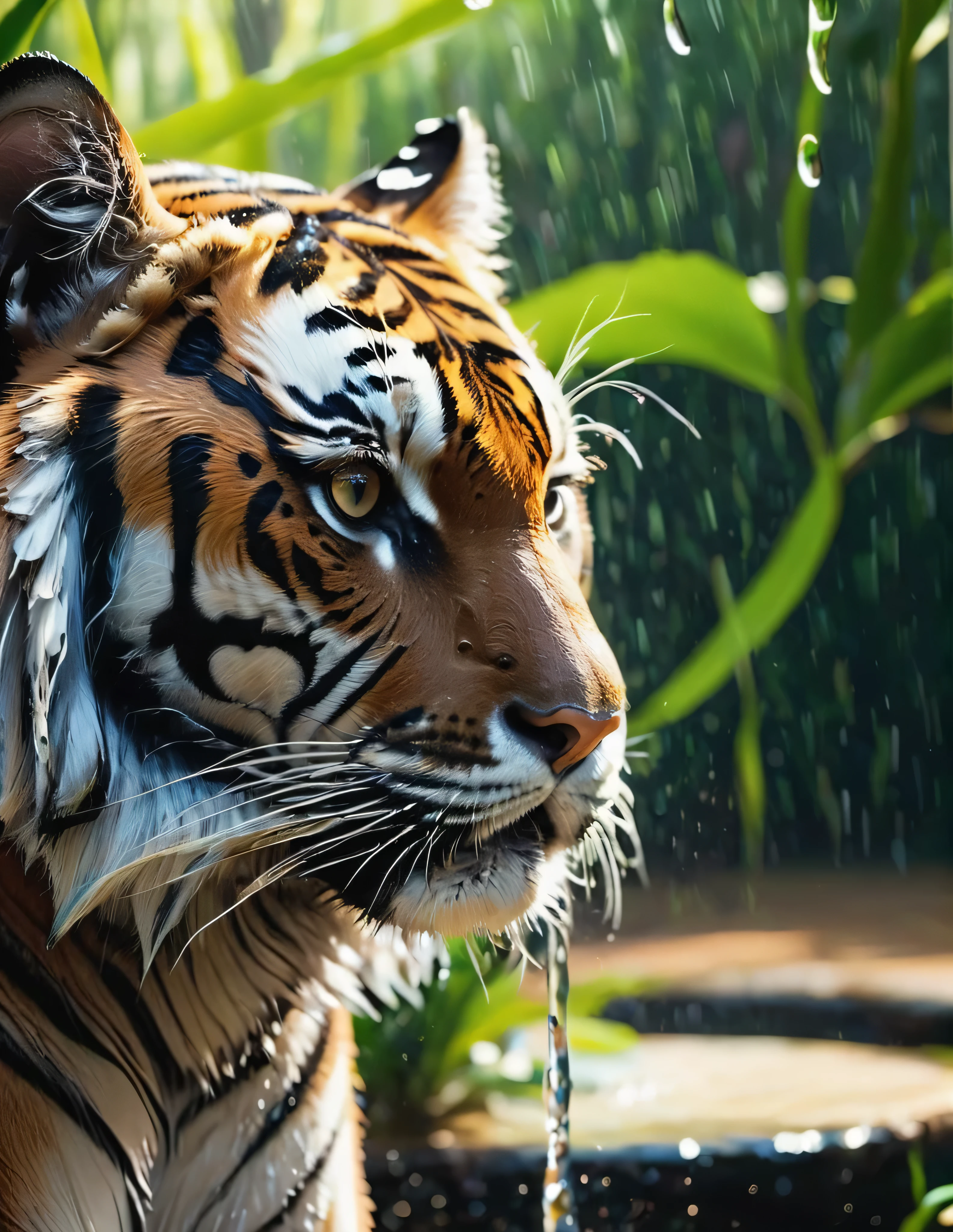 #quality(8k wallpaper of extremely detailed CG unit, ​masterpiece, hight resolution, top-quality, top-quality real texture skin,hyper realisitic, digitial painting,increase the resolution,RAW photos，best qualtiy,highly detailed,the wallpaper),BREAK,#tiger head(full body,bathe,beautiful black ,shiny feathers,head close up shot,feather repelling water),#background(,in beautiful forest,dappled sunlight,raining),(head close up shot:2.0)