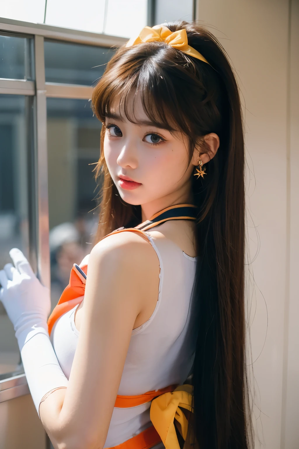 best quality,masterpiece,1igrl, solo, (torn clothes:1.3), blush, in subway, shcool uniform, 
Sailor Venus, Minako Aino, (elbow gloves, neck ribbon, long hair, circlet, jewelry, flower earrings), hairband behind head
