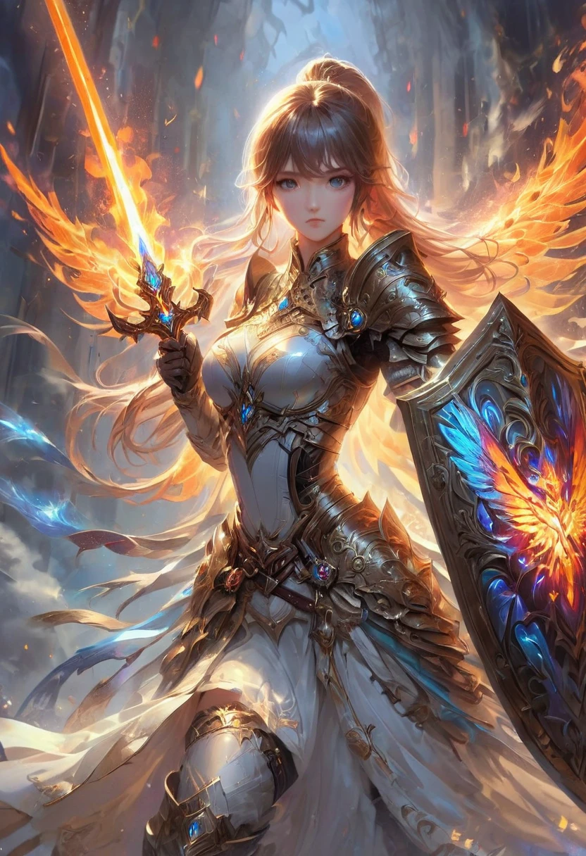 1girl,Swordsman,Sword and shield,(best swordsmanship, skilled swordsman,sword fighting expert,ethereal swords,forcefield defense:1.2),(great detail,ultra detailed,sharp focus,highres),(fantasy,illustration),(detailed armor,glistening metal),(epic battle,action scene),(mystical aura,magical warrior),(intense focus:1.1),brilliant colors,vivid colors,fiery background,strong poses,(dynamic movement,acrobatic combat),(heroic expression,determined look)