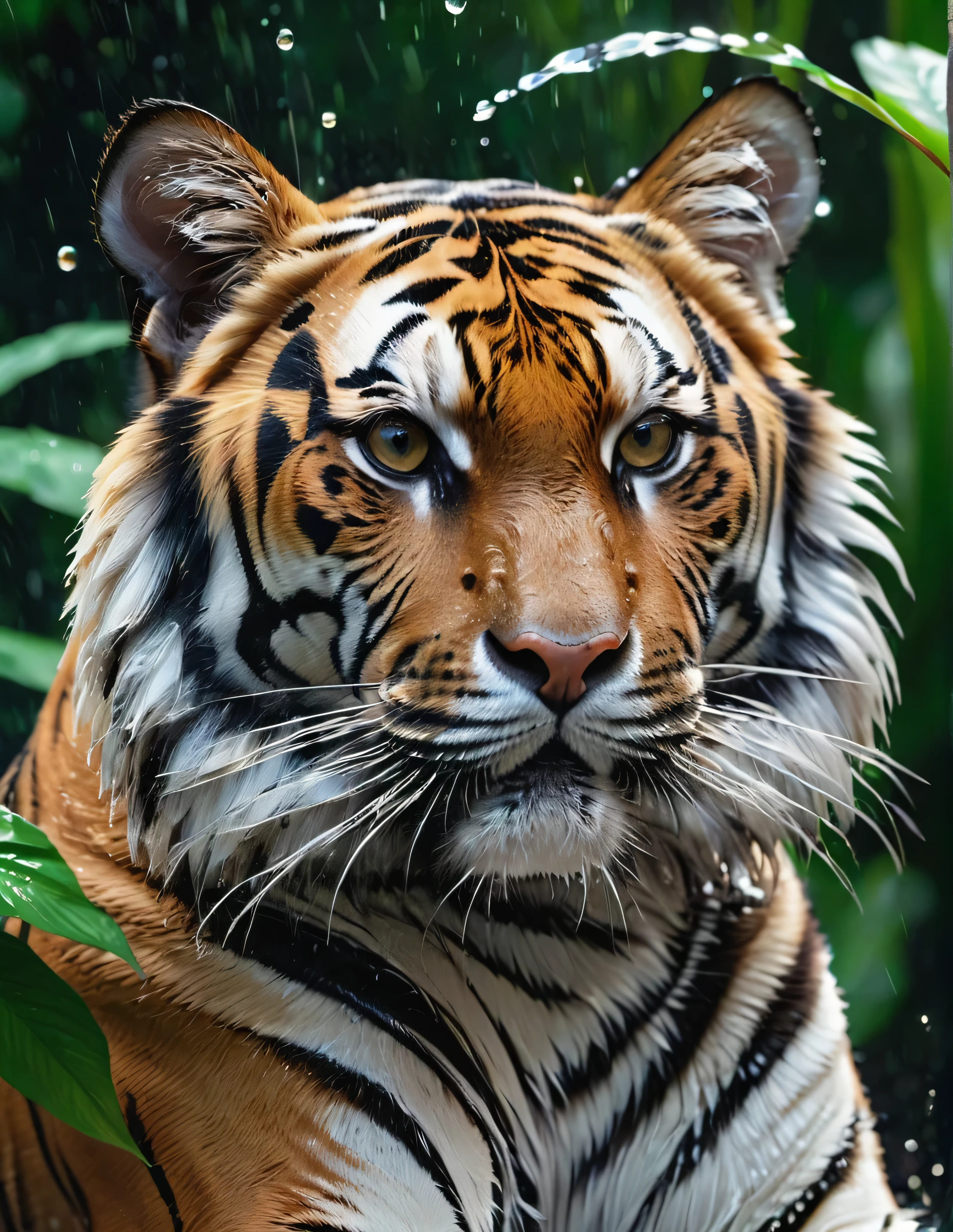 #quality(8k wallpaper of extremely detailed CG unit, ​masterpiece, hight resolution, top-quality, top-quality real texture skin,hyper realisitic, digitial painting,increase the resolution,RAW photos，best qualtiy,highly detailed,the wallpaper),BREAK,#tiger head(full body,bathe,beautiful black ,shiny feathers,head close up shot,feather repelling water),#background(,in beautiful forest,dappled sunlight,raining),(head close up shot:2.0)