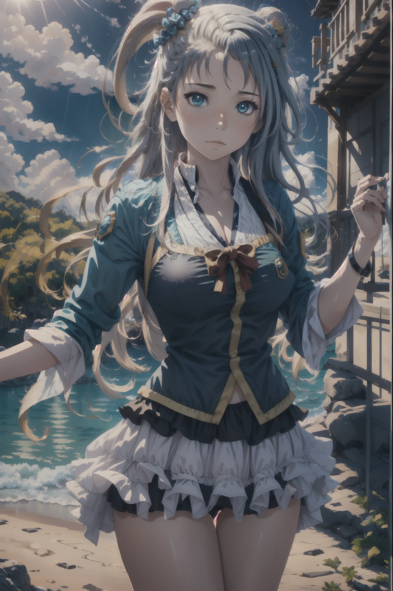 best quality, intricate details,
aqua (konosuba), 1girl, beach, water, waves, sun, blue sky, clouds, looking at viewer,
