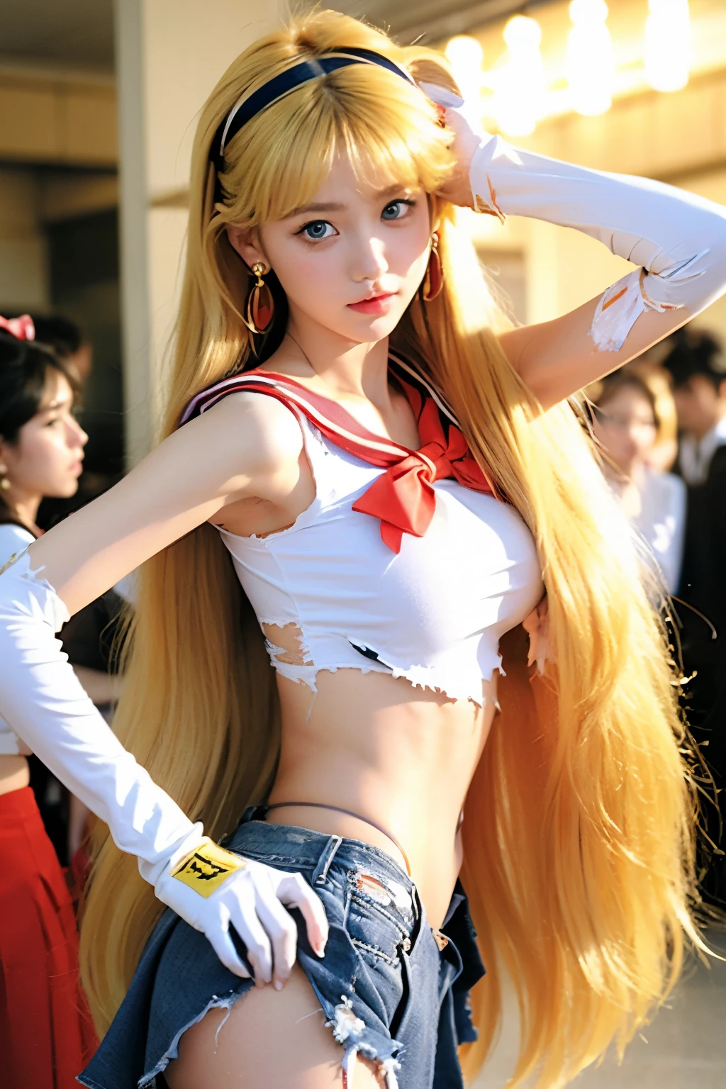 best quality,masterpiece,1igrl, solo, (torn clothes:1.3), blush, in subway, shcool uniform, 
Sailor Venus, Minako Aino,blonde, (elbow gloves, neck ribbon, long hair, circlet, jewelry, flower earrings), hairband behind head
