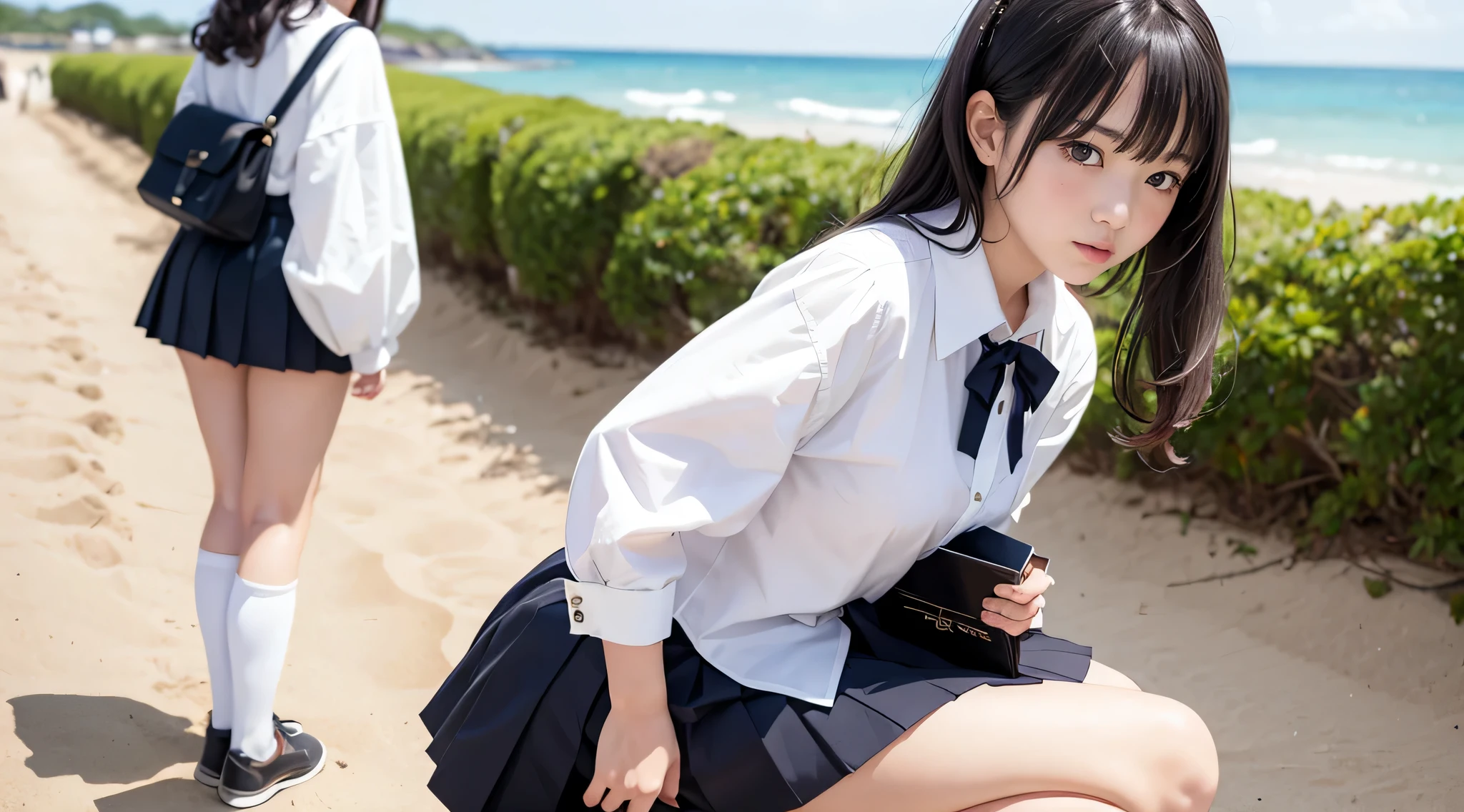 Japanese high school girl wearing a white blouse, Black pleated skirt, The look of temptation、Side Up、curly hair、standing on the sandy beach、Watching the audience、Knee-high socks、loafers
