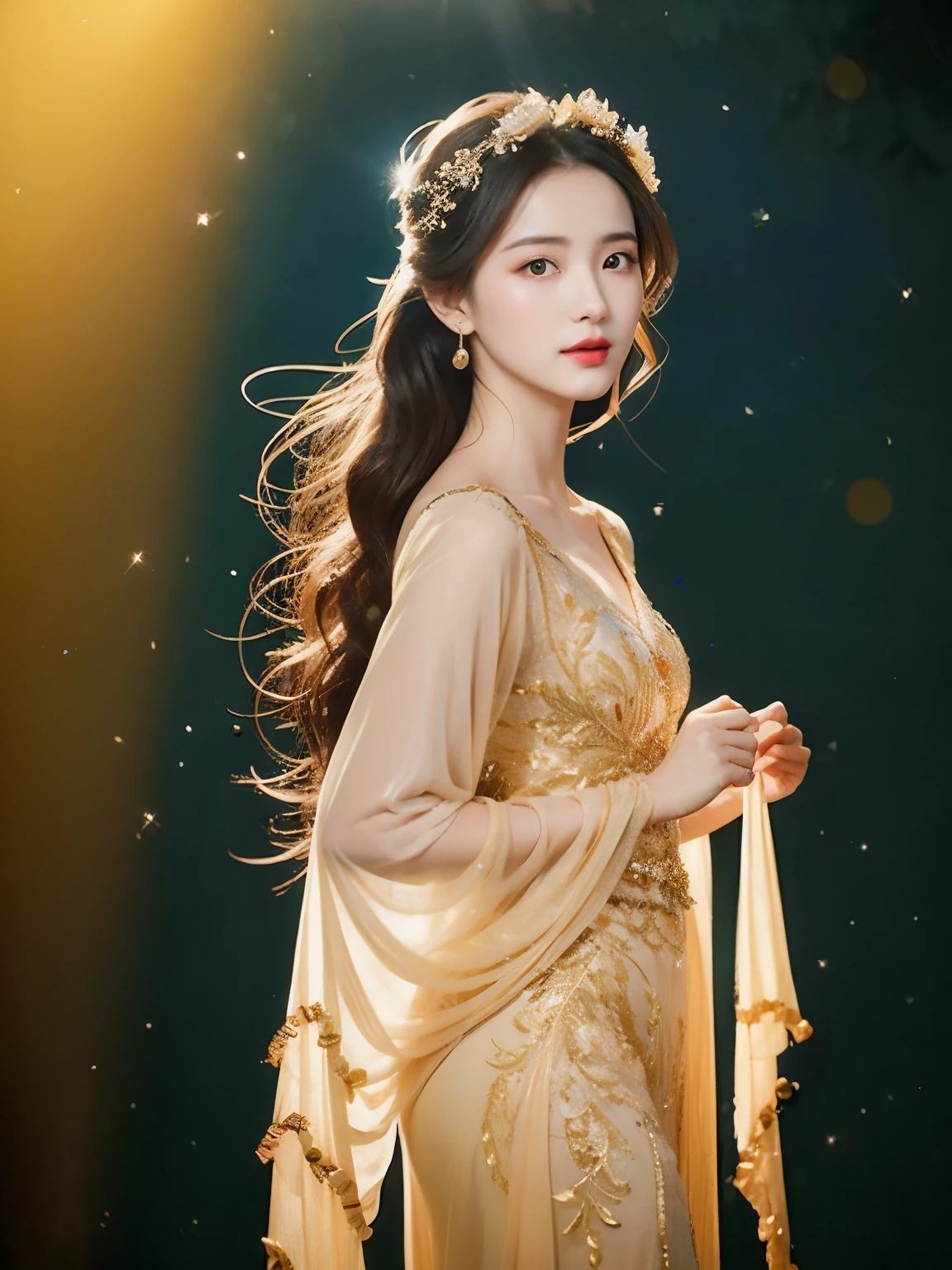 Gorgeous flying goddess。She wore a robe,Clothes fly up,Trembling gently with her graceful dance steps。Her long sleeves are embroidered with delicate patterns and ornate gold thread,Make her more refined and mysterious。
Flying Goddess面容明亮端庄,She has bright and intelligent eyes,Eyes reveal calmness and gentleness。There is a sense of nobility and elegance between the eyebrows,Shining with a divine halo。The corners of her mouth slightly raised,As if conveying love and kindness to the world。
Her long hair is soft and gorgeous,draped over her shoulders,Shiny as a black feather,Exuding charming light。She wears a bright headdress on her forehead,Decorated with exquisite gemstones,sparkling。
Flying Goddess,Personable,her arms raised slightly,My fingertips touch the invisible music gently like a butterfly,Dance creates a beautiful and smooth picture。Her body posture is like a bird taking flight,The figure is smooth and elegant。
surrounding background,This is the endless sky,Blooming blue clouds flutter gently。in distance,You can see the outline of the mountain,They form a landscape with clear layers of distance and nearness,It gives a distant and magnificent feeling