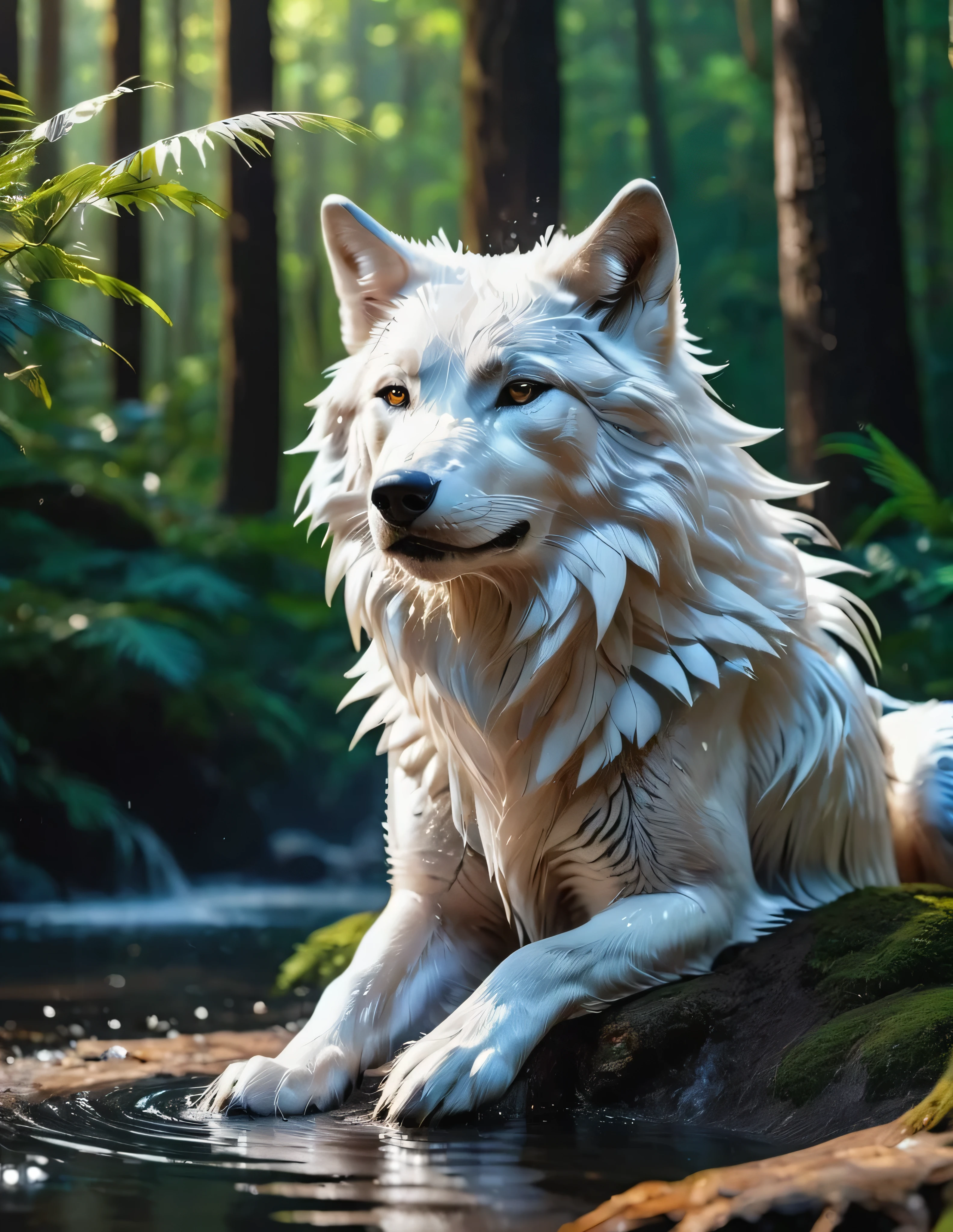 #quality(8k wallpaper of extremely detailed CG unit, ​masterpiece, hight resolution, top-quality, top-quality real texture skin,hyper realisitic, digitial painting,increase the resolution,RAW photos，best qualtiy,highly detailed,the wallpaper),BREAK,white wolf head(full body,bathe,beautiful black ,shiny feathers,head close up shot,feather repelling water),#background(,in beautiful forest,dappled sunlight,raining),(head close up shot:2.0)