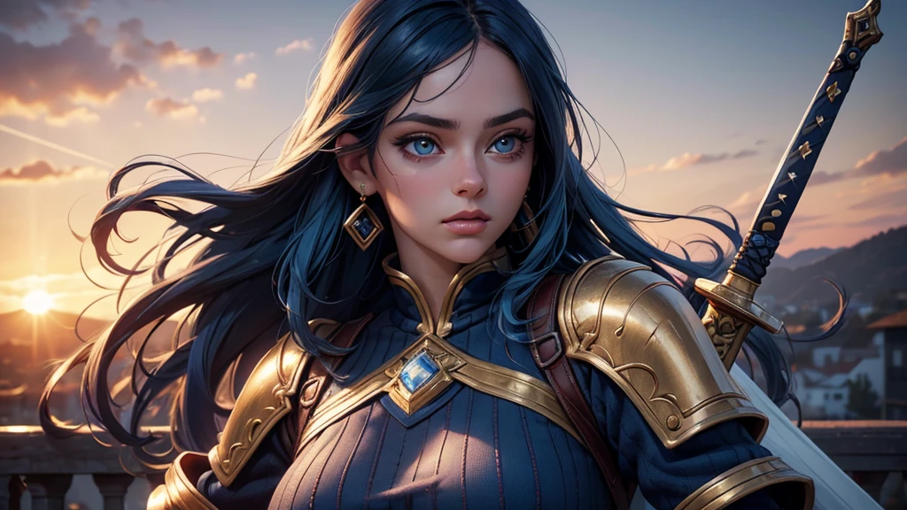 (best quality,4k,8k,highres,masterpiece:1.2),ultra-detailed,(realistic,photorealistic,photo-realistic:1.37),knitted clothes,1_solo girl,blue hair,gold eyes,swordman,beautiful detailed eyes,beautiful detailed lips,long eyelashes,brave expression,standing tall,powerful pose,sparkling sword,gorgeous sunset background,vibrant colors,dramatic lighting