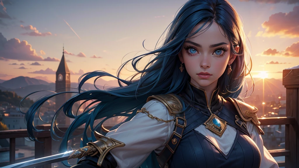 (best quality,4k,8k,highres,masterpiece:1.2),ultra-detailed,(realistic,photorealistic,photo-realistic:1.37),knitted clothes,1_solo girl,blue hair,gold eyes,swordman,beautiful detailed eyes,beautiful detailed lips,long eyelashes,brave expression,standing tall,powerful pose,sparkling sword,gorgeous sunset background,vibrant colors,dramatic lighting