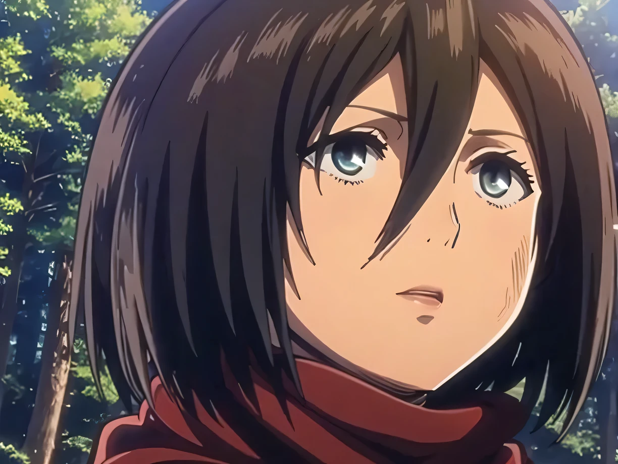 aot style, shingeki no kyojin, mikasa ackerman, 1girl, solo, sitting on a tree, posing sexy, whole body, bangs, black hair, bare legs, bare feet, breasts, cowboy shot, embers, green eyes, grey background, hair between eyes, harness, white shirt, looking at viewer, medium breasts, panties, red scarf, scarf, shirt, short hair, thigh strap, white shirt, ((masterpiece)), best quality,