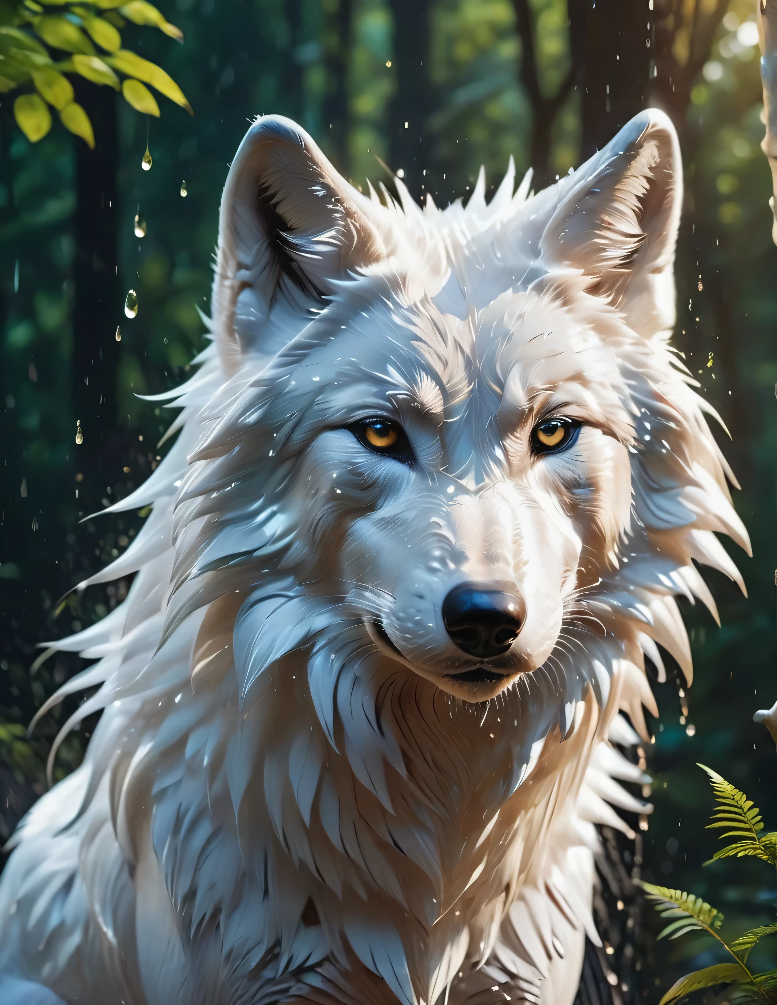 #quality(8k wallpaper of extremely detailed CG unit, ​masterpiece, hight resolution, top-quality, top-quality real texture skin,hyper realisitic, digitial painting,increase the resolution,RAW photos，best qualtiy,highly detailed,the wallpaper),BREAK,white wolf head(full body,bathe,beautiful black ,shiny feathers,head close up shot,feather repelling water),#background(,in beautiful forest,dappled sunlight,raining),(head close up shot:2.0)