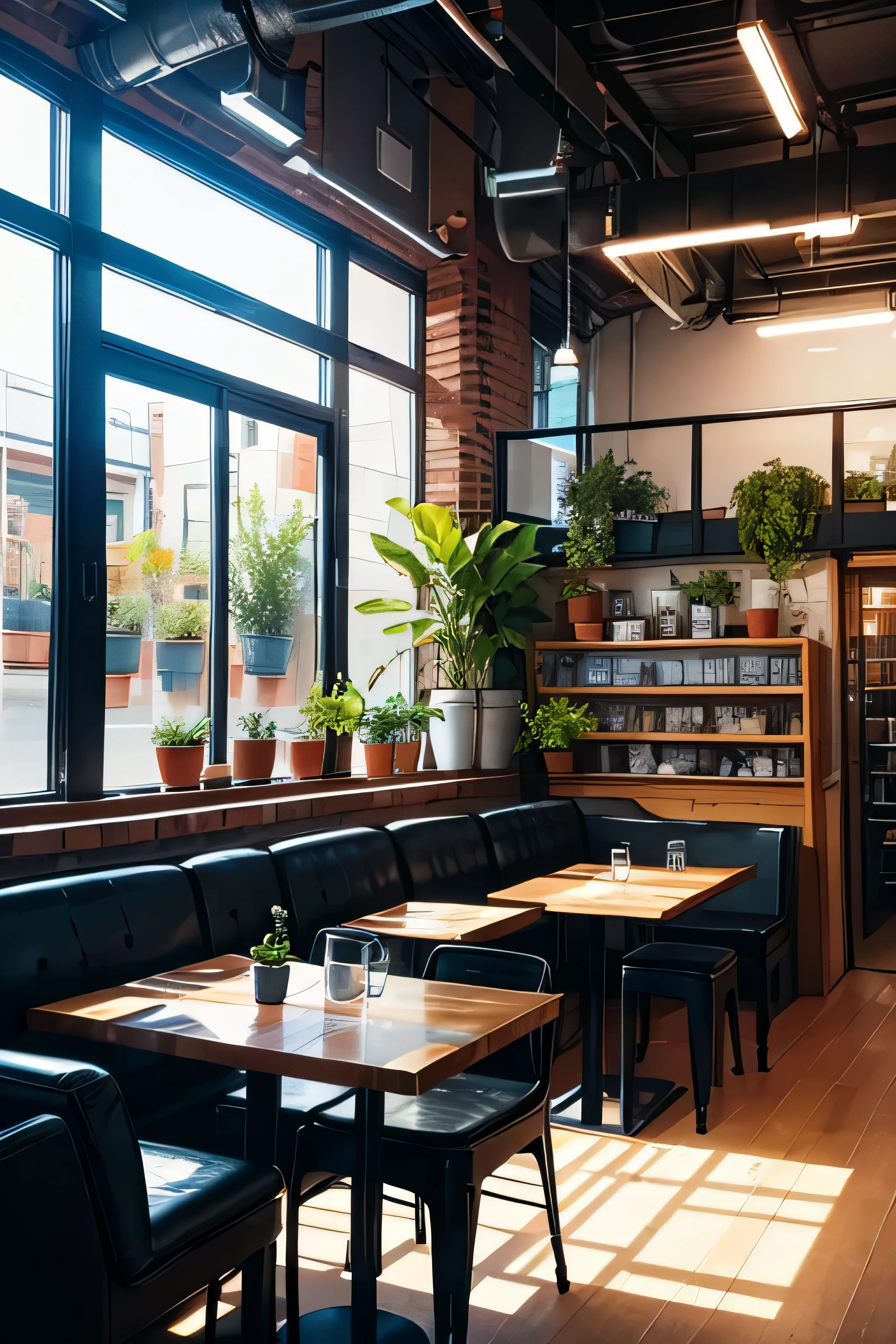 The image shows an industrial style cafe space with carpets and sofas. A well-lit space, with industrial windows that allow natural light and various plants and pots to enter, samambaias e livros
