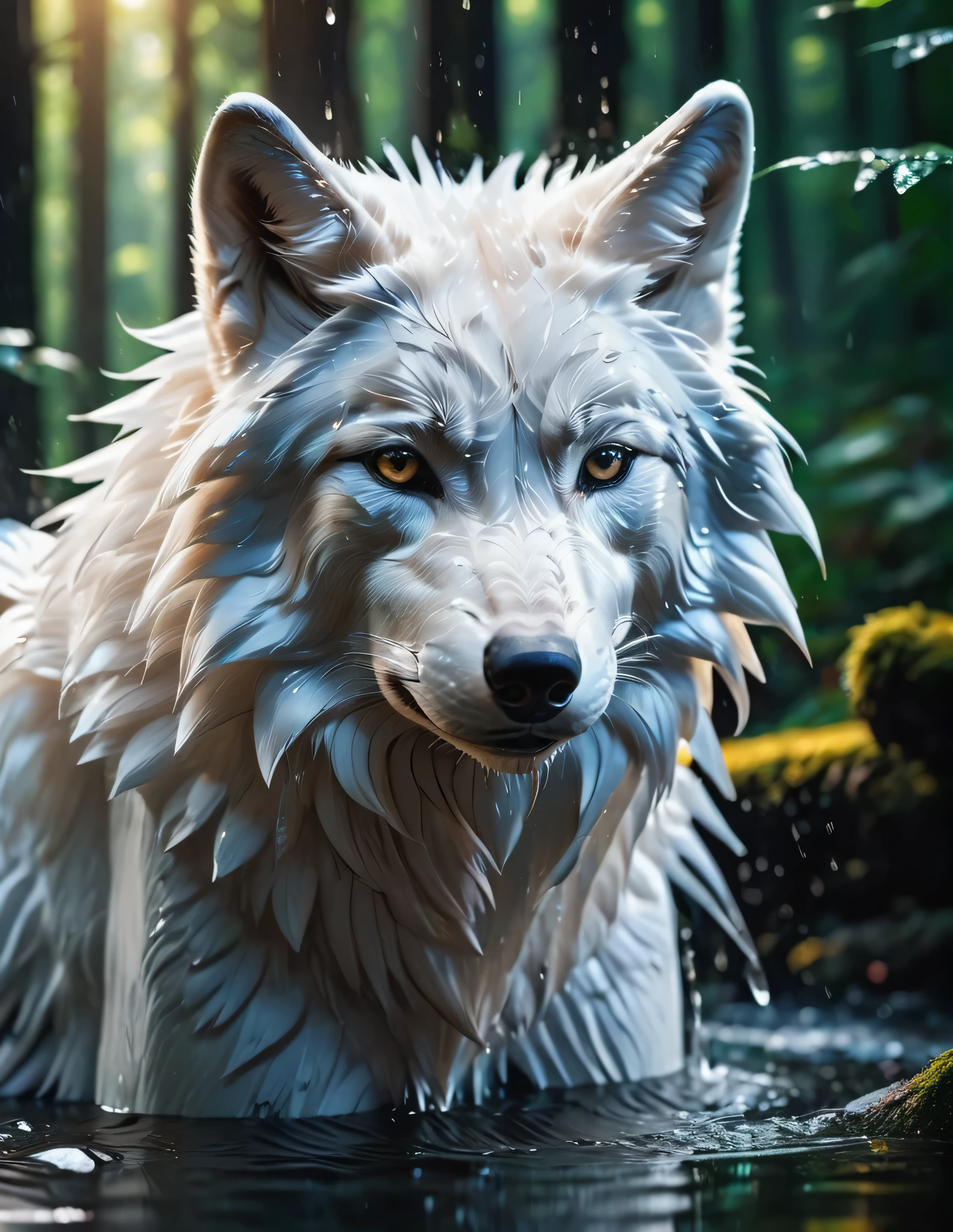 #quality(8k wallpaper of extremely detailed CG unit, ​masterpiece, hight resolution, top-quality, top-quality real texture skin,hyper realisitic, digitial painting,increase the resolution,RAW photos，best qualtiy,highly detailed,the wallpaper),BREAK,white wolf head(full body,bathe,beautiful black ,shiny feathers,head close up shot,feather repelling water),#background(,in beautiful forest,dappled sunlight,raining),(head close up shot:2.0)