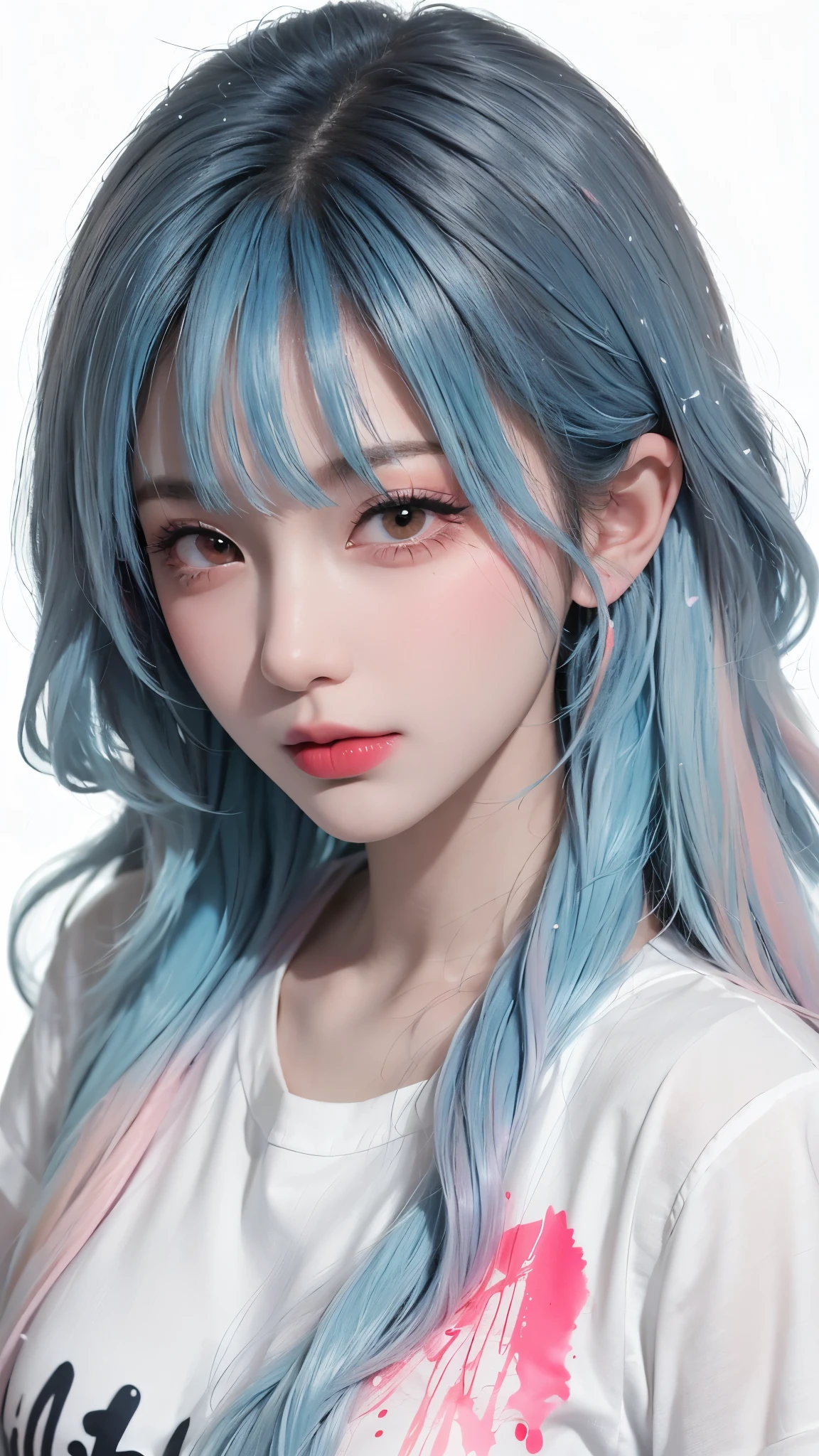 (masterpiece, highest quality, High resolution), White Background, Acrylic paint, ((Color Splash, Ink splash, Color Splash)), Kind Chinese girl, Long Light blue hair, [Light blue|pink] hair, Curly hair, glitter, Peach-colored lips, White shirt, front, Upper Body