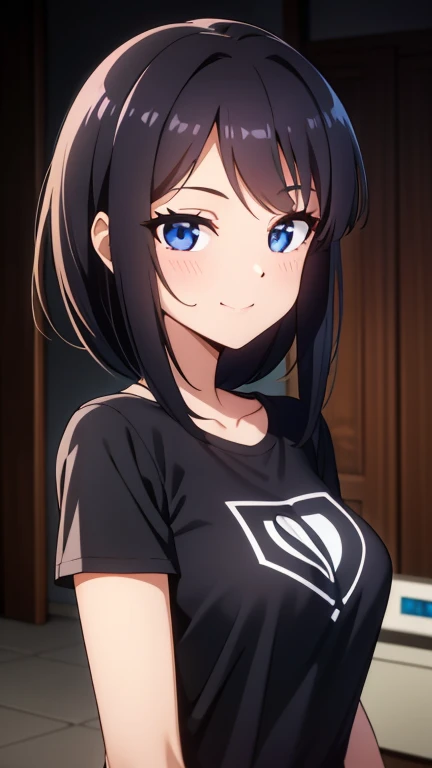 Fille seul, cheveux longs et noirs, yeux marrons fins, Tee-shirt noir, veste noir par dessus le tee shirt, pentalon noir, vue en portrait, poitrine forte, expression du visage : heureuse, souriante, excited, folle.