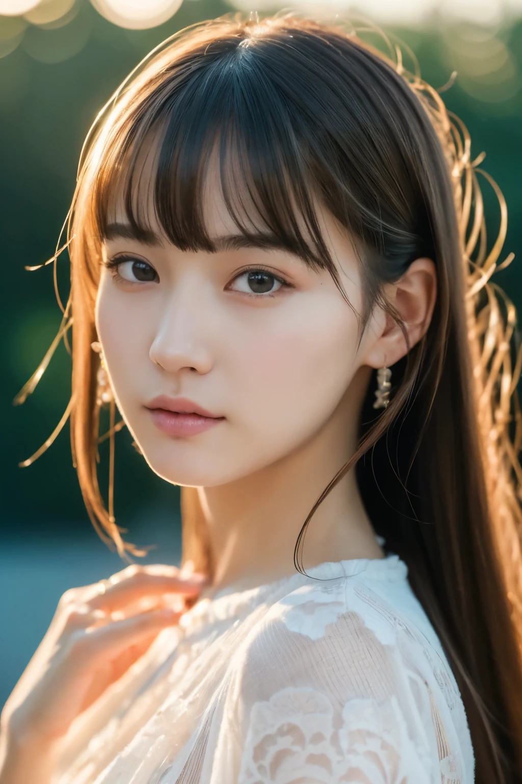 (((masterpiece))), highest quality, Ultra-detailed, Very detailed, Detailed Background, light, Very beautiful girl, Japanese, ,  Detailed face, alone, (whole body:1.3), (Random Hairstyles :1.2), bangs, (Young Face), (Perfect body:1.1), blouse, Sunrise glow, summer, In 8K, wallpaper, wonderful, In detail, Very detailedな, 超A high resolution, Very detailed, Pure erotic face, Very detailedな目と顔, Beautiful fine details, Very detailedな皮膚, No makeup, (Natural Skin),