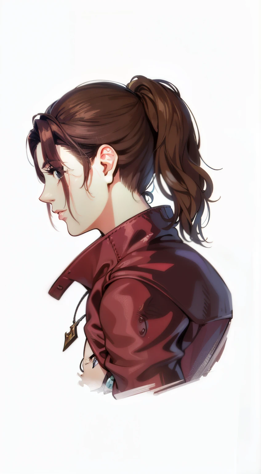 uma mulher com rabo de cavalo e uma jaqueta vermelha olhando para baixo, protagonista feminina, protagonista feminina 👀 :8, fanart requintada altamente detalhada, perfil esquerdo, Aerith Gainsborough, close da arte do personagem, Ellie (the last of us), arte de perfil lateral, perfil de garota de anime, de arte, pose de perfil, arte do perfil do personagem, Zerochan, de lado, beautiful Aerith Gainsborough