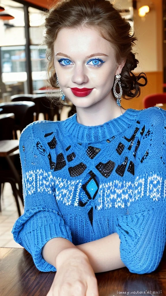 Caucasian woman; black hair, wavy hair, long hair, updo hair; blue eyes, lined eyes, ((highlight blue eyes)), shiny eyes; red lipstick, makeup, smile; athletic body, (medium breasts), nipples; blue knitted sweater; earrings, necklace, bracelets; in elegant restaurant, sitting, front view.