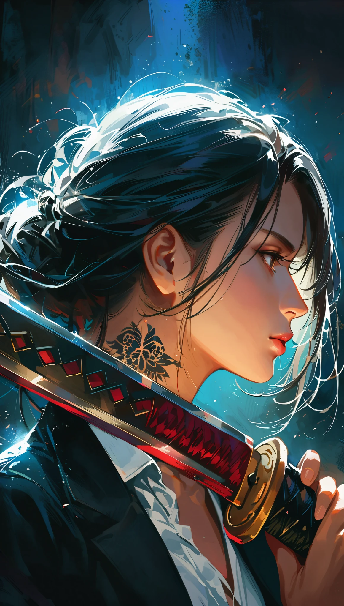 realistic, 1girl, profile portrait, beautiful japanese girl, yakuza tattoo on body, she hold katana sword near face, shining metal, eyes reflection from sword metal, white shirt and elegant black suit, elegant assassin, female swordman, Low-key lighting Style, katana,