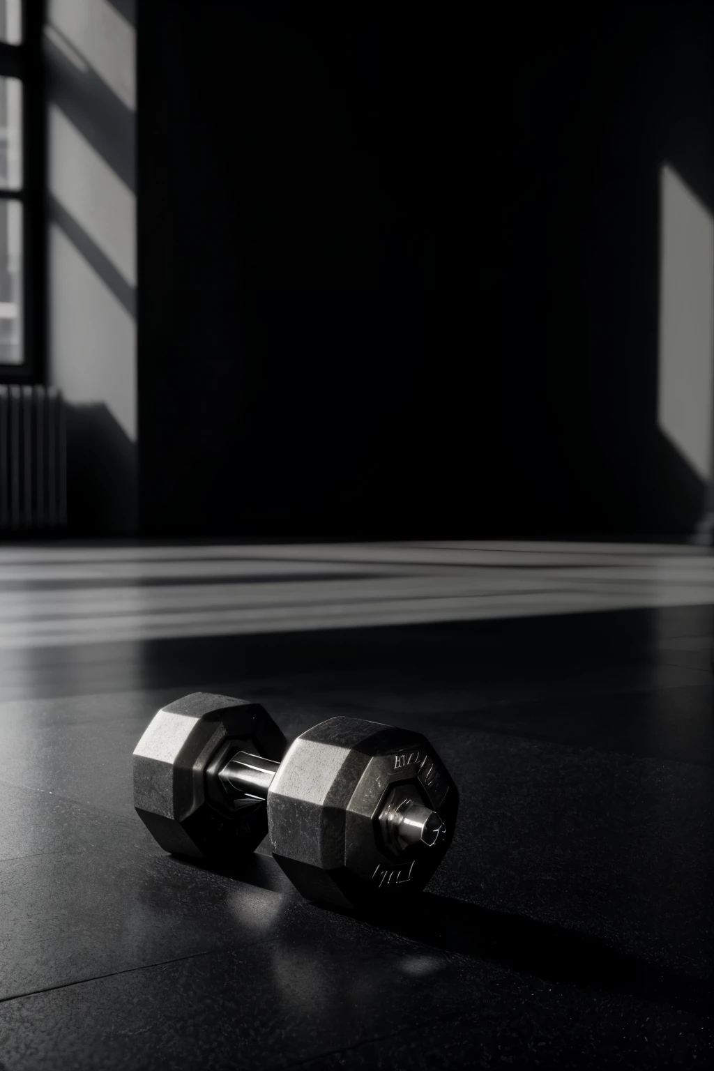 A dumbbell lies abandoned on the worn-out gym floor, its metallic sheen reflecting the soft, cinematic light that filters in from the overhead lights. The dumbbell's surface is textured with intricate lines and dimples, capturing every detail in ultra-high resolution. The weight of the dumbbell is evident in the slight bending of the metal under its own mass, and the subtle shadows cast by its shape add depth to the otherwise monotonous gym setting. The image is raw and realistic, capturing the authenticity of the gym environment and the solidity of the equipment.