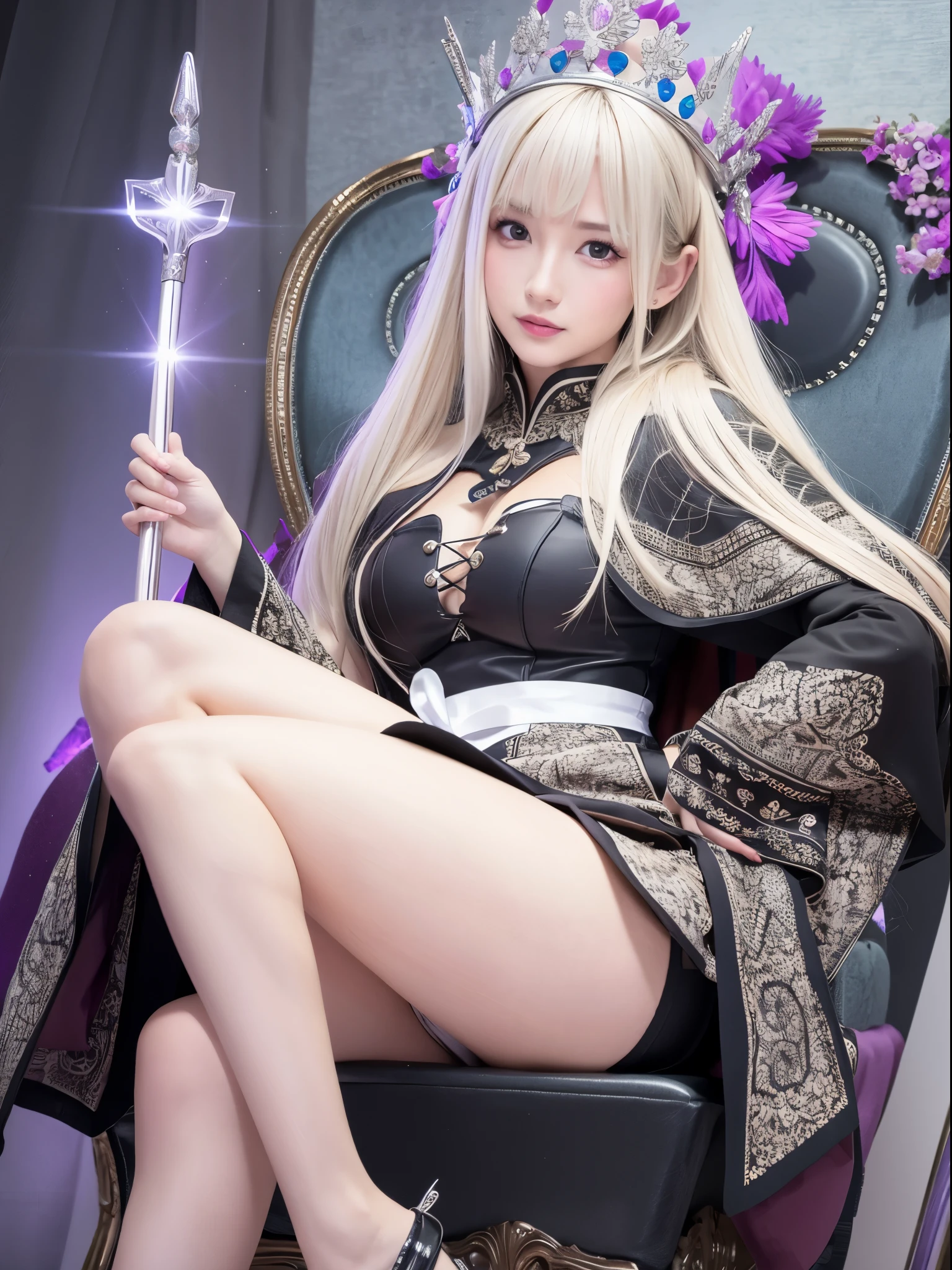 (highest quality:1.0), (Ultra-high resolution:1.0), (Detailed beautiful girl:1.4), Beautiful royal princess, Platinum Blonde Hair, Ryal dress with fine details, ribbon, (Complex scepter:1.2), (Detailed cloak), Beautiful, smooth, white, shiny skin, View your viewers, Front view, (Ulzzang-6500-v1.1:0.2), Detailed Gems, (Complex thrones:1.2) , (Half Body),big breasts,Spread your legs,Light_smile,tears,