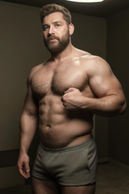 Capture um 8K, retrato hiper-realista de um homem com cerca de 50 anos. Ele tem um corte de cabelo desbotado estilo militar muito curto, with a rugged beard that gives off a lumberjack vibe. Seus penetrantes olhos verdes olham diretamente para o espectador. A cena mostra o homem de corpo inteiro, revelando seu peito fortemente peludo e a suabarriga, showing a chubby and hairy physique. He is only wearing short shorts, he is in a very comfortable pool, with bright studio lighting effect evenly illuminating your body. A imagem deve mostar o corpo todo, e focar nos pelos no peito, renderizado no estilo hiperrealista. Inspirando-se na fotografia de Greg Rutkowski, maintain a high level of realism while highlighting the man&#39;s natural, rugged appearance."