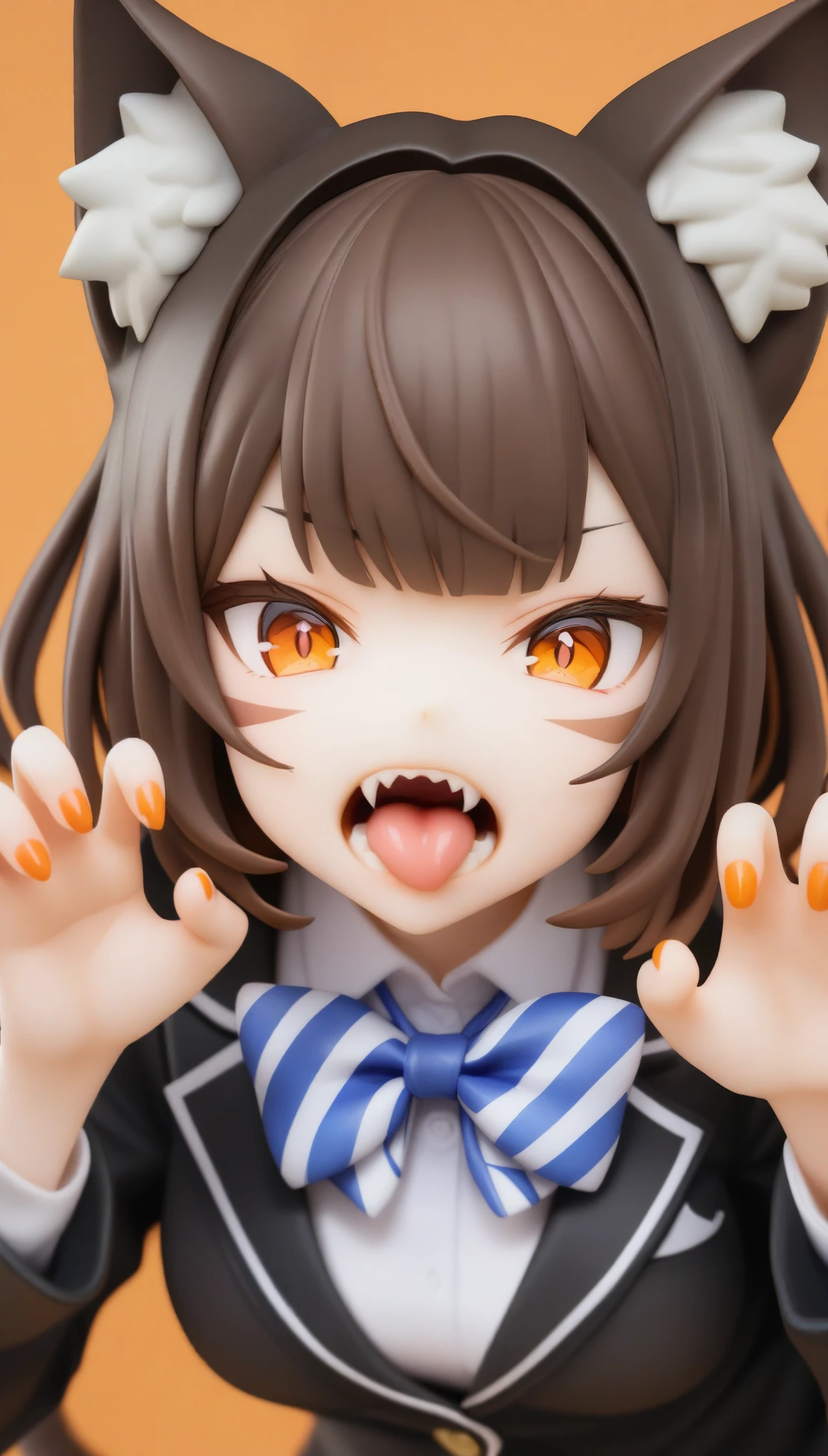  1girl, solo, animal ears, bow, teeth, jacket, tail, open mouth, brown hair, orange background, bowtie, orange nails, simple background, cat ears, orange eyes, blue bow, animal ear fluff, cat tail, looking at viewer, upper body, shirt, , hood, striped bow, striped, white shirt, black jacket, blue bowtie, fingernails, long sleeves, cat girl, bangs, fangs, collared shirt, striped bowtie, short hair, tongue, hoodie, sharp teeth, facial mark, claw pose,masterpiece, best quality,