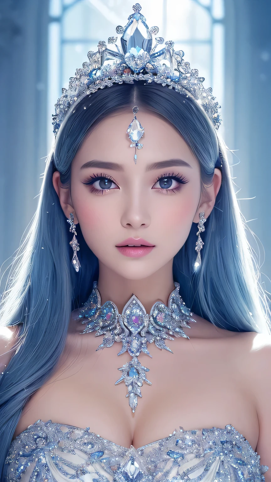 ((highest quality、Tabletop、8k、Best image quality、Extremely intricate and detailed))、Snow Princess、(The Snow Maiden in the Most Magnificent Palace Made of Ice:1.1)、(The most elaborate and luxurious glittering ice palace cathedral:1.2)、(Inside the most fantastical giant ice palace:1.2)、(The most magical cathedral made of intricately glittering ice:1.2)、(Beautiful transparent ice:1.1)、The background is an elaborate ice palace、Beautiful dome ceiling、(An intricately crafted palace made of sparkling, transparent ice:1.2)、(Elegant palace columns made of ice and crystal:1.05)、(Symmetrical composition when viewed from the front:1.2)、Jeweled Palace、Symmetrical palace interior、(Very romantic:1.05)、A sacred and mysterious palace、(Filled with a fantastic light blue light:1.1)、Beautiful sparkling crystal、The most luxurious and highest quality giant tiara、The most luxurious and highest quality giant necklace、[Big Breasts]、(Snow-white skin:1.05)、Glowing Skin、(A glittering silver-white jeweled dress of the highest quality:1.1)、Elegant and beautiful pure white snow dress、Elegant decoration、Diamond Decoration、Artistic decoration、Extravagance beyond imagination、The most luxurious decoration in the world、Pure white makeup、Dresses that shine in silver、jewelry embellishments、Extravagance beyond imagination、The most luxurious decoration in the world、Diamond dust、The most realistic and complex backgrounds、Highly detailed and realistic backgrounds、The best smile when you see me、(Beautiful snow is falling:1.05)、(Close up of the princess&#39;s face:1.2)、(blurred background:1.1)、(Mystical fairy tale fog:1.15)、Beautiful silvery light blue hair、Amazing cinematic lighting effects、Natural forehead、Complex and detailed background、The most subtle sparkle、A deep background、Low contrast、(Wrapped in a fantastic soft light:1.1)