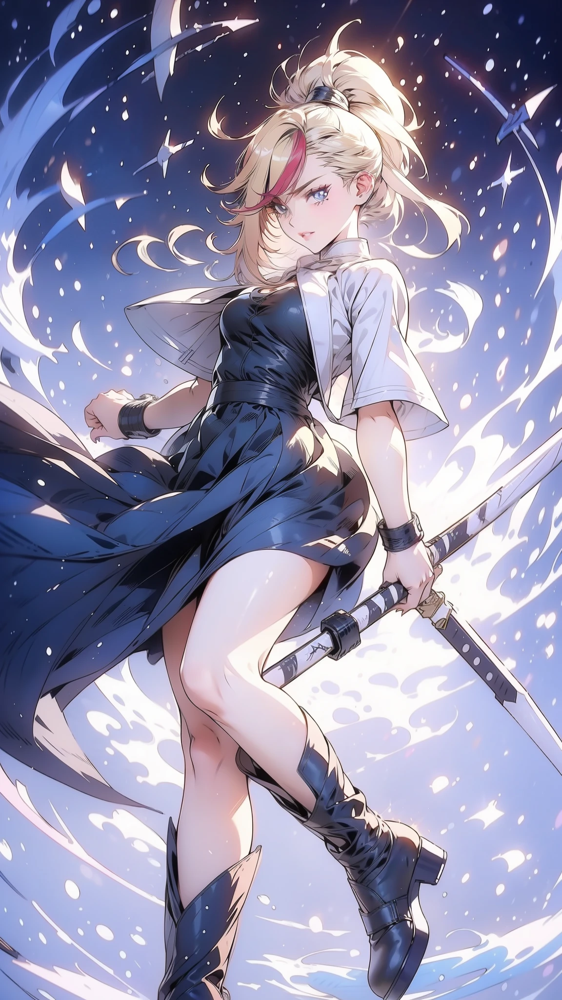 1 girl, ultra long hair, ultra detailed face, glowing lips, glowing blue eyes, very long ponytail, elegant walk, catwalk, holding down a  giant katana, blonde, long eyelashes, long boots , looking to the sky, starry sky, a ultra giant katana 