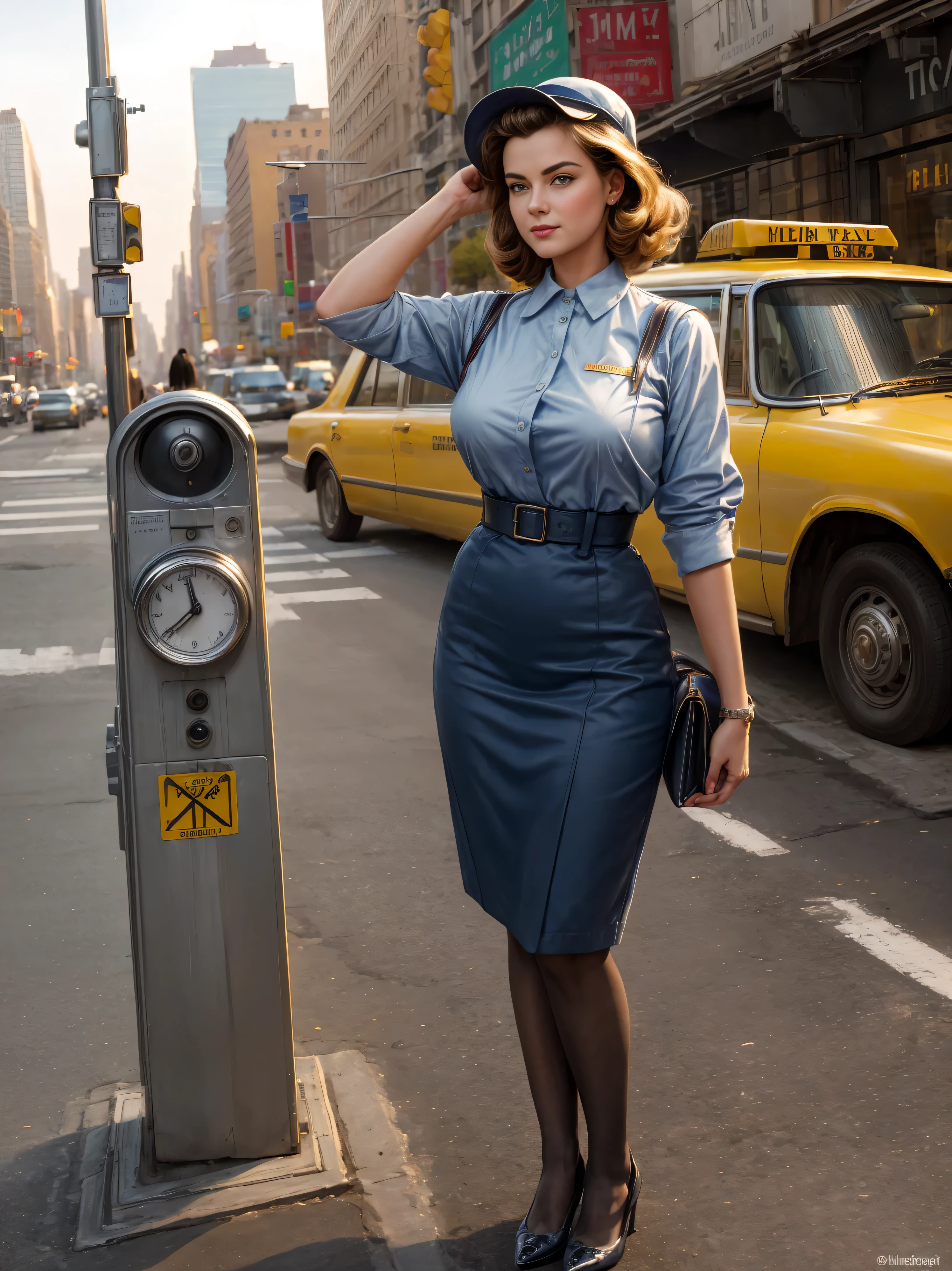 (Masterpiece, best quality, realistic, very detailed:1.2), A modest stewardess in 1959 in simple business clothes. of her standing on a street corner hailing a taxi stop in New York, painted by Gil Elvgren with highly visible brushstrokes.