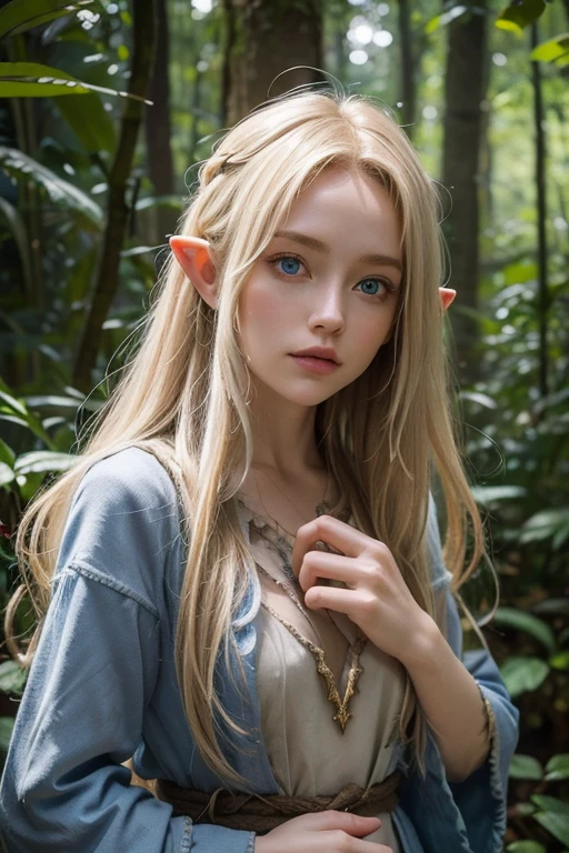 female gnome. slender, lithe build. pointed ears. Hair is light blonde, messy, wild and unkempt, tangled with twigs and leaves. Bright, deep blue eyes, tinged with purple around the pupil. Skin is warm, sandy complexion, adorned with nature patterns. fantasy style. exploring the forest .