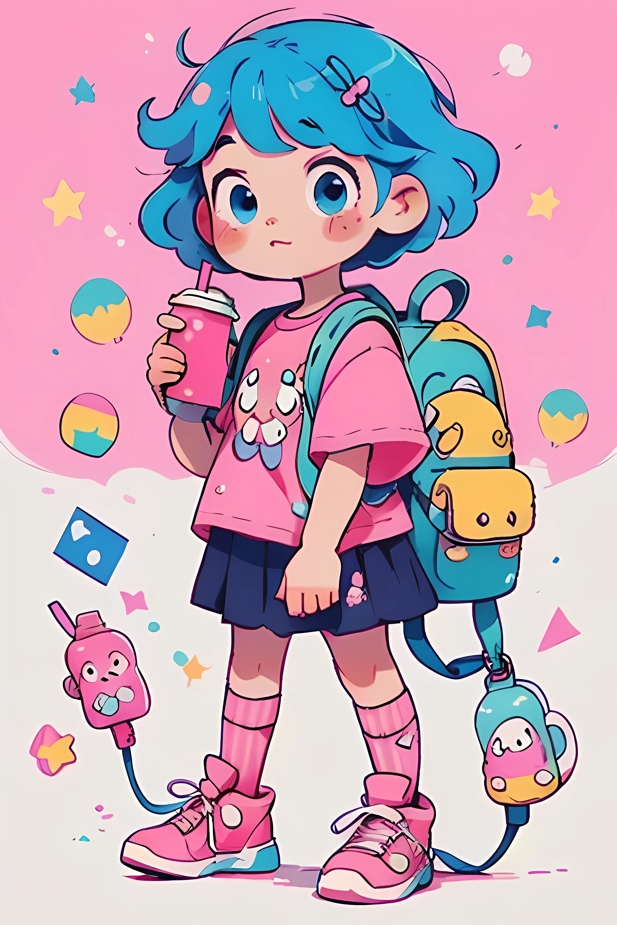 1 sticker, 1 girl, short pink and blue hair, design on her kawaii t-shirt, a kawaii backpack with many keychains and decorations, wears a school skirt, has a book and a soda in her hands, school supplies, HD quality