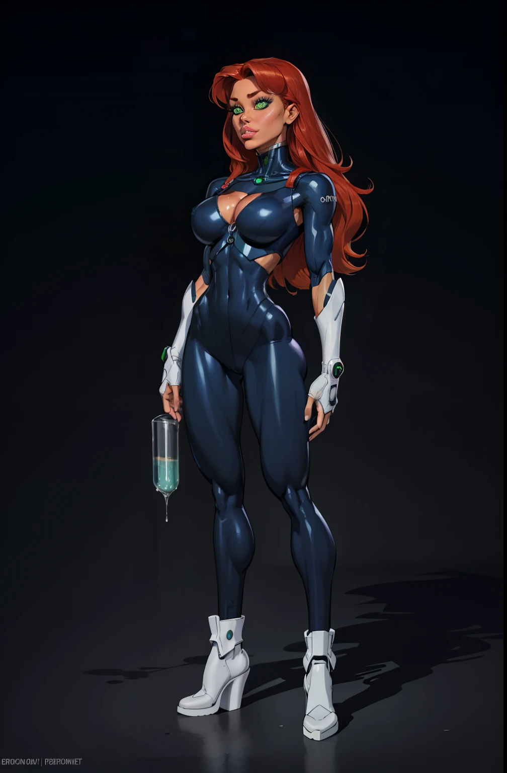 full body, standing on her feet, futuristic background, sexy appearance, starfire, red hair, ((orange skin)), breasts together, cleavage, makeup, (purple suit), mascara, long hair, beautiful eyes, large iris, ((green eyes)), Lips are soft or colored, simple black background, simple color palettes, clean, Crisp drawings, fluid silhouettes,vintage futuristic clothing, retro futurism, retrofuturism, Asymmetric, geometric, purple and silver clothes, Different designs, simple silhouettes, Technology style, future, high fashion, Simplicity and sophistication, sexy, slim, short outfit, sexy, Erotic, cleavage, youthful appearance, sweaty, in a robot, Evangelion