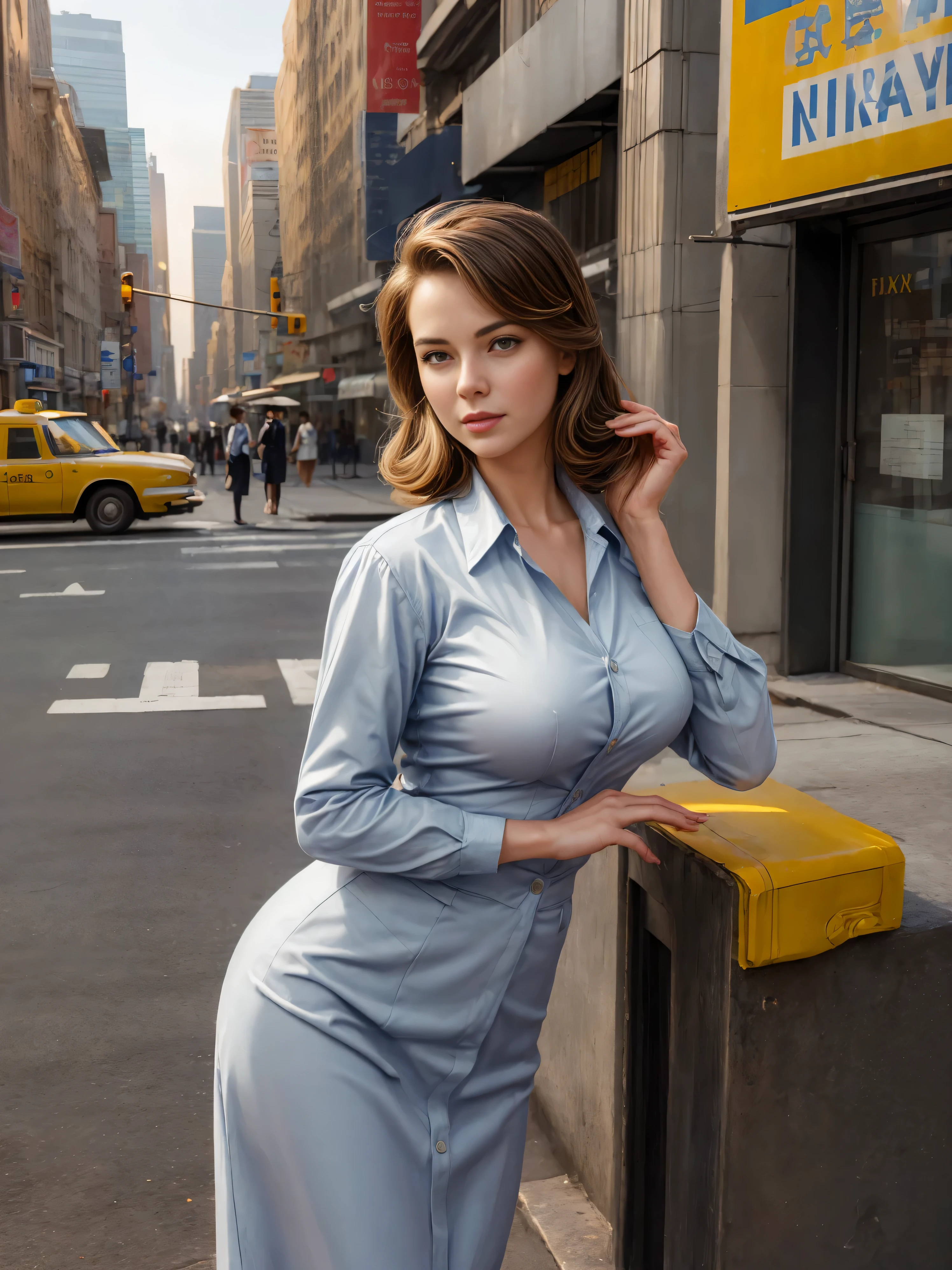 (Masterpiece, best quality, realistic, very detailed:1.2), A modest stewardess in 1959 in simple business clothes.((No bra )) of her standing on a street corner hailing a taxi stop in New York, painted by Gil Elvgren with highly visible brushstrokes.