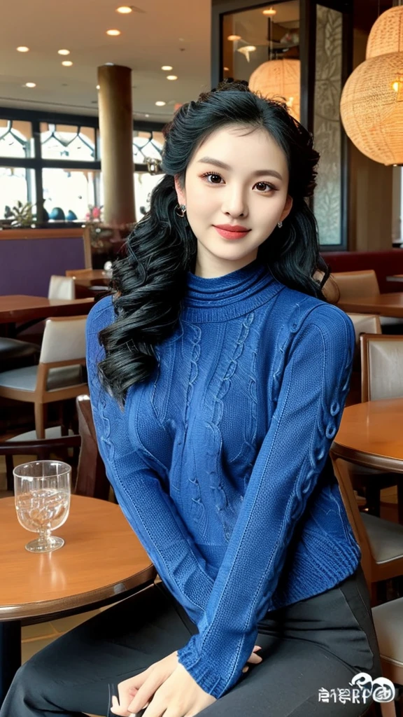 malay woman; black wavy hair, long hair, updo hair;  makeup, athletic body, (medium breasts); blue knitted sweater; upper_body pose, in elegant restaurant, sitting, front view.