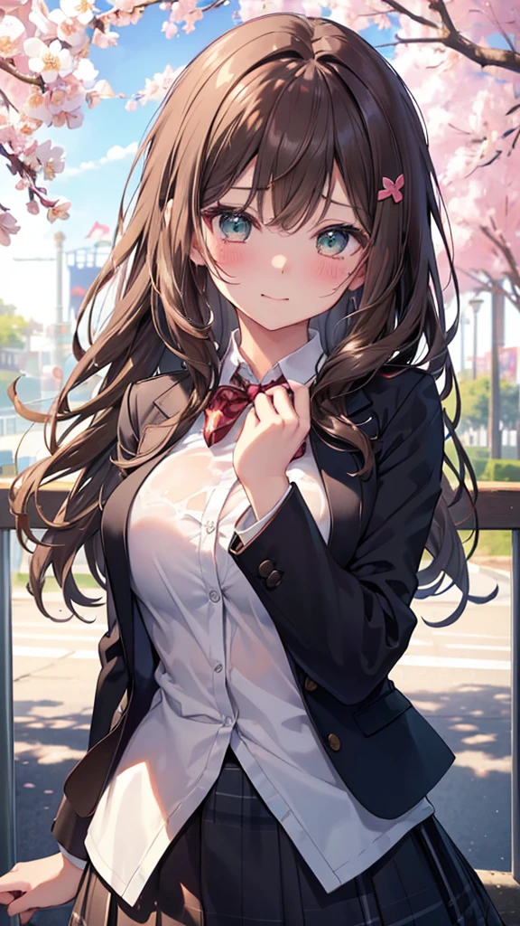 ((masterpiece, highest quality, High resolution, 超High resolution, Perfect Pixel, Written boundary depth, 4K, RTTX 10.0, High resolution))), 1 girl, single, alone, Beautiful Anime Girls, Beautiful art style, Anime characters, ((Long Hair, bangs, Dark brown hair, Curly Hair:0.4, Simple hairpin)), ((Green Eyes:1.4, Round eyes, Beautiful eyelashes, Realistic eyes)), ((Detailed face, blush:1.2)), ((Smooth texture:0.75, Realistic texture:0.65, Realistic:1.1, Anime CG Style)), Medium chest, ((Dynamic Angle, throw, close)), Perfect body, ((Red bow tie, , Black jacket, Open jacket, Brown cardigan, White shirt, Black Skirt, Checked skirt)), smile, amusement park, Place your hands behind your back, Leaning forward, cherry blossoms、Her chest is open and her  are completely visible、Nipples fully visible、A large amount of semen is dripping on the chest、A large amount of semen drips from her mouth onto her chest、A lot of semen dripping on my face、Covered in semen、Covered in semen、Crying face、blush、Tears flowing、