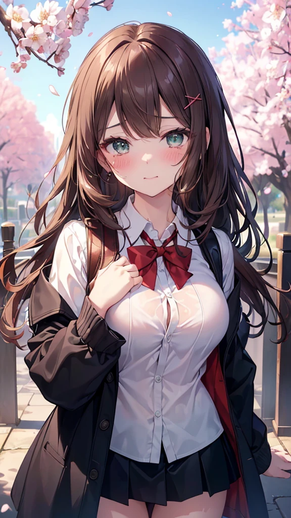 ((masterpiece, highest quality, High resolution, 超High resolution, Perfect Pixel, Written boundary depth, 4K, RTTX 10.0, High resolution))), 1 girl, single, alone, Beautiful Anime Girls, Beautiful art style, Anime characters, ((Long Hair, bangs, Dark brown hair, Curly Hair:0.4, Simple hairpin)), ((Green Eyes:1.4, Round eyes, Beautiful eyelashes, Realistic eyes)), ((Detailed face, blush:1.2)), ((Smooth texture:0.75, Realistic texture:0.65, Realistic:1.1, Anime CG Style)), Medium chest, ((Dynamic Angle, throw, close)), Perfect body, ((Red bow tie, , Black jacket, Open jacket, Brown cardigan, White shirt, Black Skirt, Checked skirt)), smile, amusement park, Place your hands behind your back, Leaning forward, cherry blossoms、Her chest is open and her  are completely visible、Nipples fully visible、A large amount of semen is dripping on the chest、A large amount of semen drips from her mouth onto her chest、A lot of semen dripping on my face、Covered in semen、Covered in semen、Crying face、blush、Tears flowing、