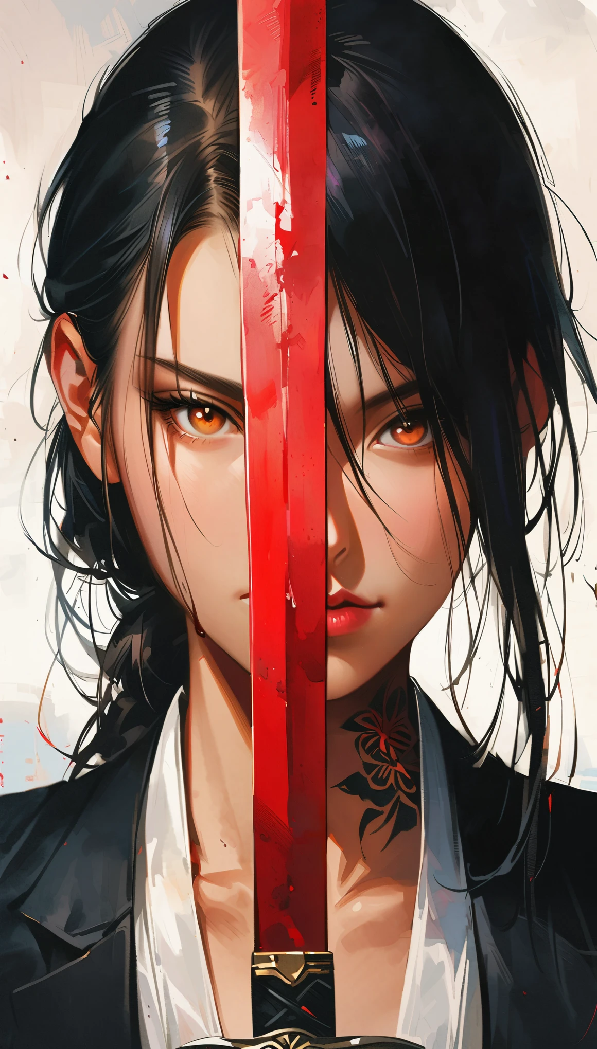 realistic, 1girl, wide portrait, beautiful japanese girl, yakuza tattoo on body, she hold katana sword near face, shining metal, eyes reflection from sword metal, white shirt and elegant black suit, elegant assassin, female swordman, Low-key lighting Style, katana,