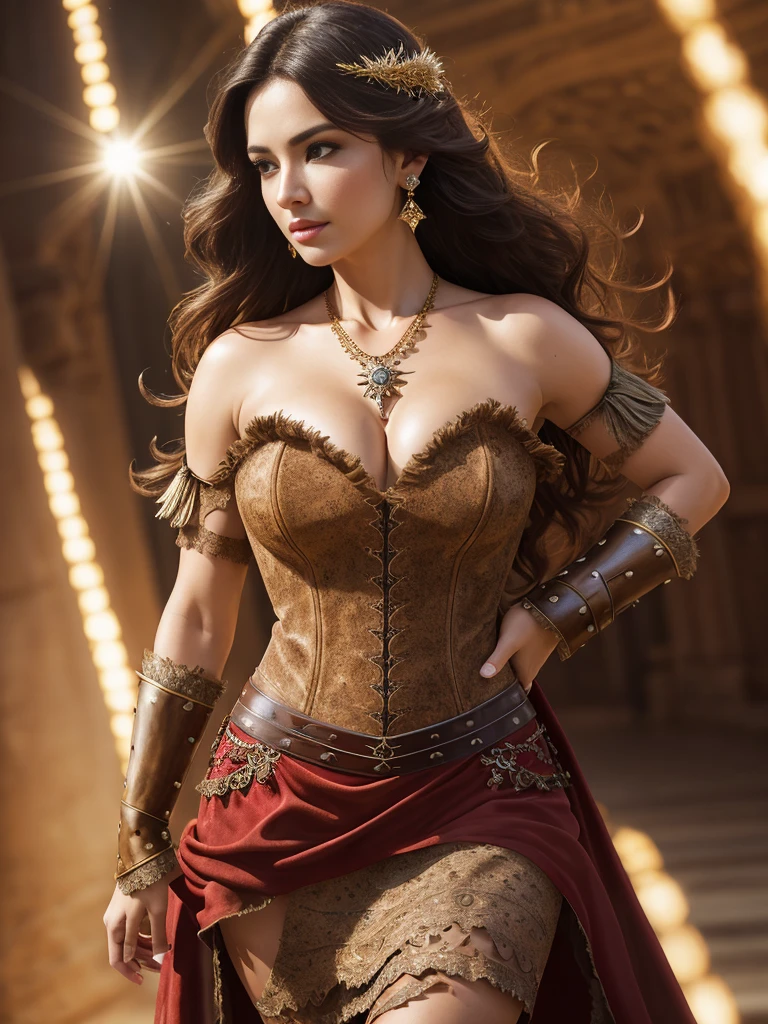 Best quality,masterpiece,ultra-detailed high res,(photorealistic:1.4),raw photo,illustration, (cowboy shot:1.2),solo, 1woman, Dark hair, Strapless,red eyeliner,large breasts, underboob, v-neck, (Beautiful proportions necklace), (Dressed as a female warrior hero fantasy), (skimpy light (brown leather (weathered:1.4)) armour), (beautiful eyes :1.4), looking at viewer, earrings, dynamic angle,Opera House,messy_medium_hair,ink,cinematic lighting,lens_flare, Velvet, chrysanthemum,Tassel,Ribbon,color embroidery, white gold red,