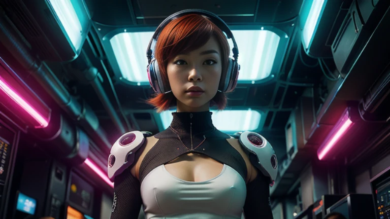 ((highest quality)), ((masterpiece)), ((Realistic)),High Contrast, 19 years old, Redhead girl, Shoulder-length hair,Headphones,(Red Neon),(cyber punkの背景), 魅惑の笑face,((非常にdetailedな目)),Very detailed glowing eyes, ((thin)) ,Rubber bodysuit, ( White one piece swimsuit ) ((sexy )) ,Slender figure,textured pixie haircut (((detailedなキャラクターシート, Front view, ~ side面図, 3/4 Views))) (((cyber punkの背景))) Six and a half whole bodies,4K,UltraSharp,Multiple Views of the same character,Charterner v2, One girl, Slender figure, (Headphones),Brown Hair, Long Hair, Orange eyes, Same clothes, Concept Art, detailed_face, line_sketch, plan, Official Art, Official Alternative Costumes, Design style, multi style, detailed character, 4_~ side, original, 8K GC, massive detailed, Multiple Views of the same character, character, technical illustration, Multiple Views,masterpiece,highest quality(masterpiece, highest quality), 32k,(非常にdetailedな美しい女性), Future Anime,The ultimate map,highlight,Headphones,Very detailed glowing eyes,Cleavage,Complex patterns,Stylish hairstyle,fluorescence((White clothes)),cyber punk