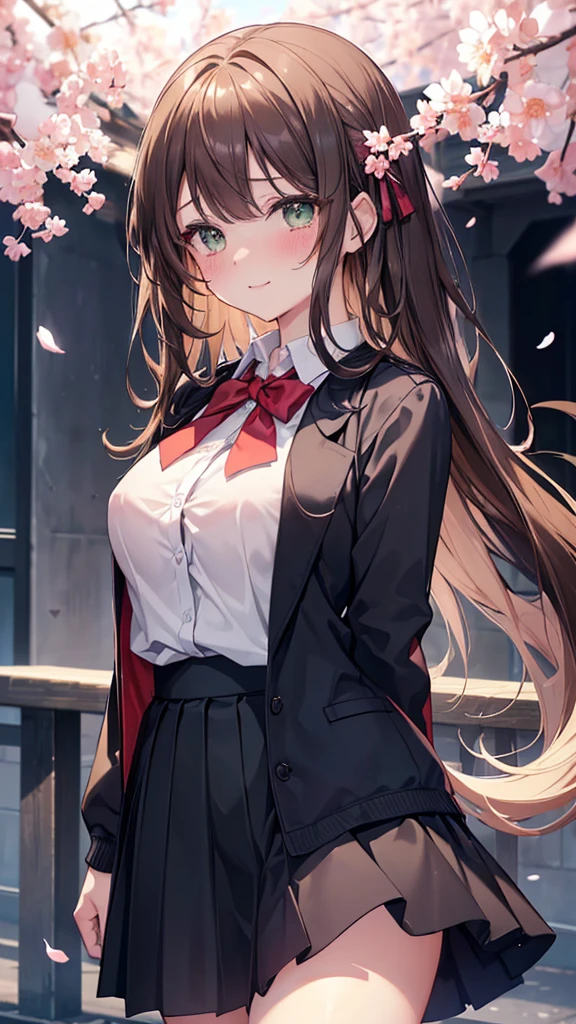 ((masterpiece, highest quality, High resolution, 超High resolution, Perfect Pixel, Written boundary depth, 4K, RTTX 10.0, High resolution))), 1 girl, single, alone, Beautiful Anime Girls, Beautiful art style, Anime characters, ((Long Hair, bangs, Dark brown hair, Curly Hair:0.4, Simple hairpin)), ((Green Eyes:1.4, Round eyes, Beautiful eyelashes, Realistic eyes)), ((Detailed face, blush:1.2)), ((Smooth texture:0.75, Realistic texture:0.65, Realistic:1.1, Anime CG Style)), Medium chest, ((Dynamic Angle, throw, close)), Perfect body, ((Red bow tie, , Black jacket, Open jacket, Brown cardigan, White shirt, Black Skirt, Checked skirt)), smile, amusement park, Place your hands behind your back, Leaning forward, cherry blossoms、Her chest is open and her  are completely visible、Nipples fully visible、A large amount of semen is dripping on the chest、A large amount of semen drips from her mouth onto her chest、A lot of semen dripping on my face、Covered in semen、Covered in semen、Crying face、blush、Tears flowing、undressed