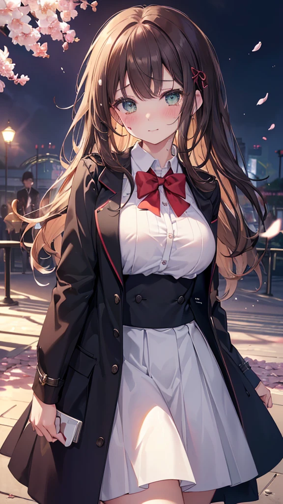 ((masterpiece, highest quality, High resolution, 超High resolution, Perfect Pixel, Written boundary depth, 4K, RTTX 10.0, High resolution))), 1 girl, single, alone, Beautiful Anime Girls, Beautiful art style, Anime characters, ((Long Hair, bangs, Dark brown hair, Curly Hair:0.4, Simple hairpin)), ((Green Eyes:1.4, Round eyes, Beautiful eyelashes, Realistic eyes)), ((Detailed face, blush:1.2)), ((Smooth texture:0.75, Realistic texture:0.65, Realistic:1.1, Anime CG Style)), Medium chest, ((Dynamic Angle, throw, close)), Perfect body, ((Red bow tie, , Black jacket, Open jacket, Brown cardigan, White shirt, Black Skirt, Checked skirt)), smile, amusement park, Place your hands behind your back, Leaning forward, cherry blossoms、Her chest is open and her are completely visible、Nipples fully visible、A large amount of semen is dripping on the chest、A large amount of semen drips from her mouth onto her chest、A lot of semen dripping on my face、Covered in semen、Covered in semen、Crying face、blush、Tears flowing、undressed