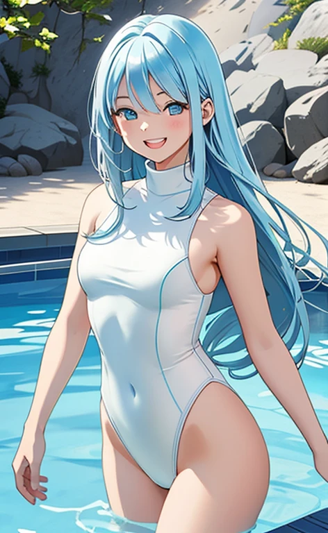 (masterpiece:1.4、top-quality、illustration:1.4,realistic、)、(character focus、breast focus,upper body)、(1girl),(Open mouth happy grin:1.3),(half closed eyes),cute face,blue eyes、()、
,(stand:1.4),(Shining smile),
,(slender),(turtleneck holder white swimsuit:1.3),(long blue hair:1.6), (small breasts:1.3)、
、slender、pool,、
