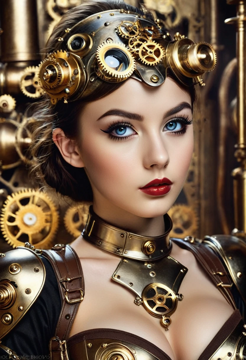 Hyper realistic photo perfect clockwork teen girl, perfect makeup, think curved eyebrows, long thick eyelashes, black eyeliner, dark brown eye shadow, perfect sexy face, cute little nose, curved lips, lipstick, perfect breasts, abs, slim waist, perfect ass, clockwork body, realistic nipples, clockwork steampunk armor,