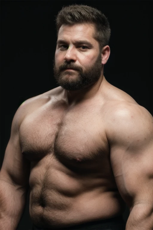 Capture um 8K, retrato hiper-realista de um homem com cerca de 50 anos. He is chubby and has a very short military-style faded haircut., with a rugged beard that gives off a lumberjack vibe. Seus penetrantes olhos verdes olham diretamente para o espectador. A cena mostra o homem de corpo inteiro, revelando seu peito fortemente peludo e a parte superior de sua barriga, showing a chubby physique. He is shirtless against a deep black background, com um claro, Bright studio lighting effect evenly illuminating your face and body. The image should focus on the intricate details of your facial features, textura de barba, e pelos no peito, renderizado no estilo hiperrealista. Inspirando-se na fotografia de Greg Rutkowski, maintain a high level of realism while highlighting the man's natural, rugged appearance.